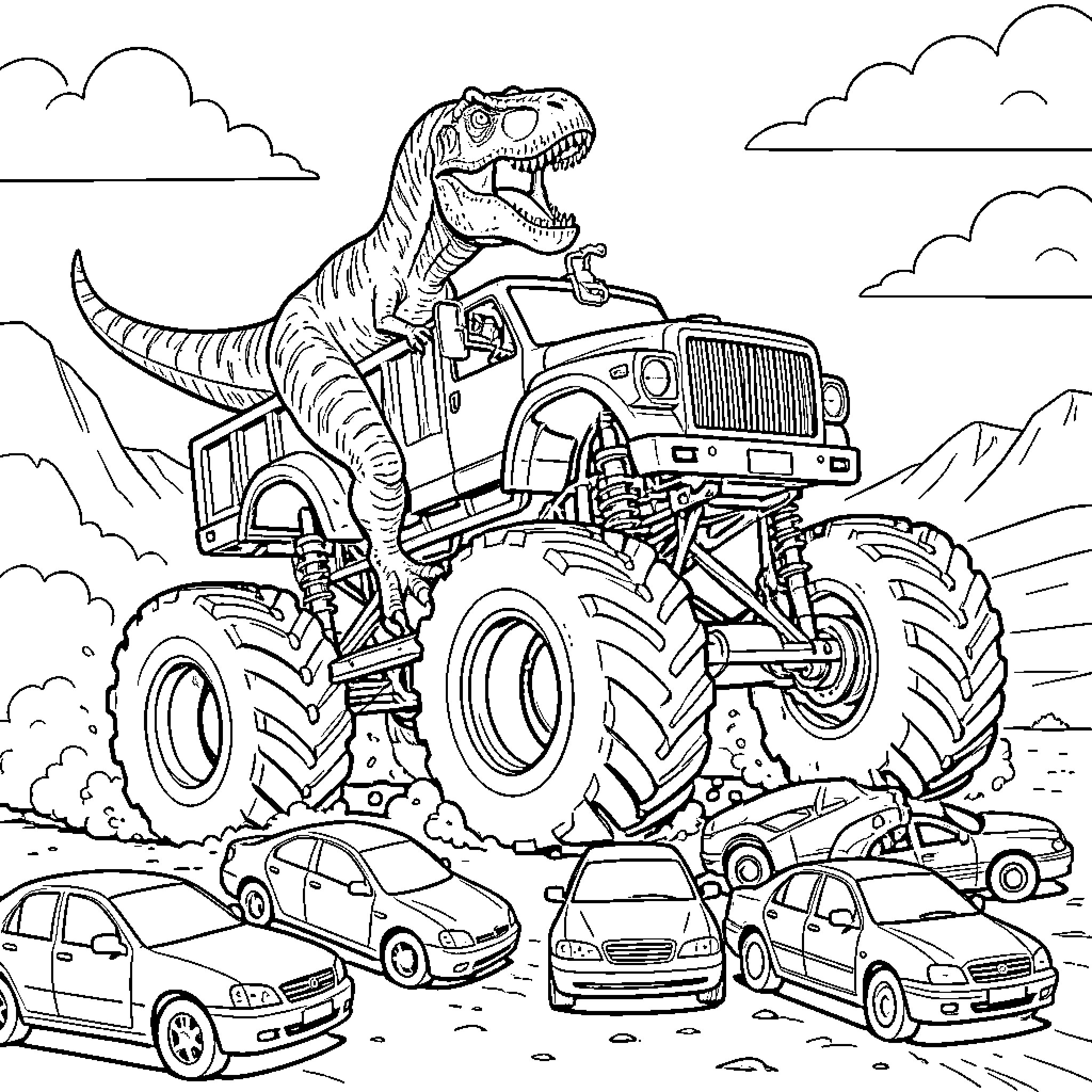 Tyrannosaurus rex riding a monster truck through cars Coloring Page (free black-and-white line drawing printable PDF for all, from beginners to advanced learners, including children, teens, adults, and seniors)