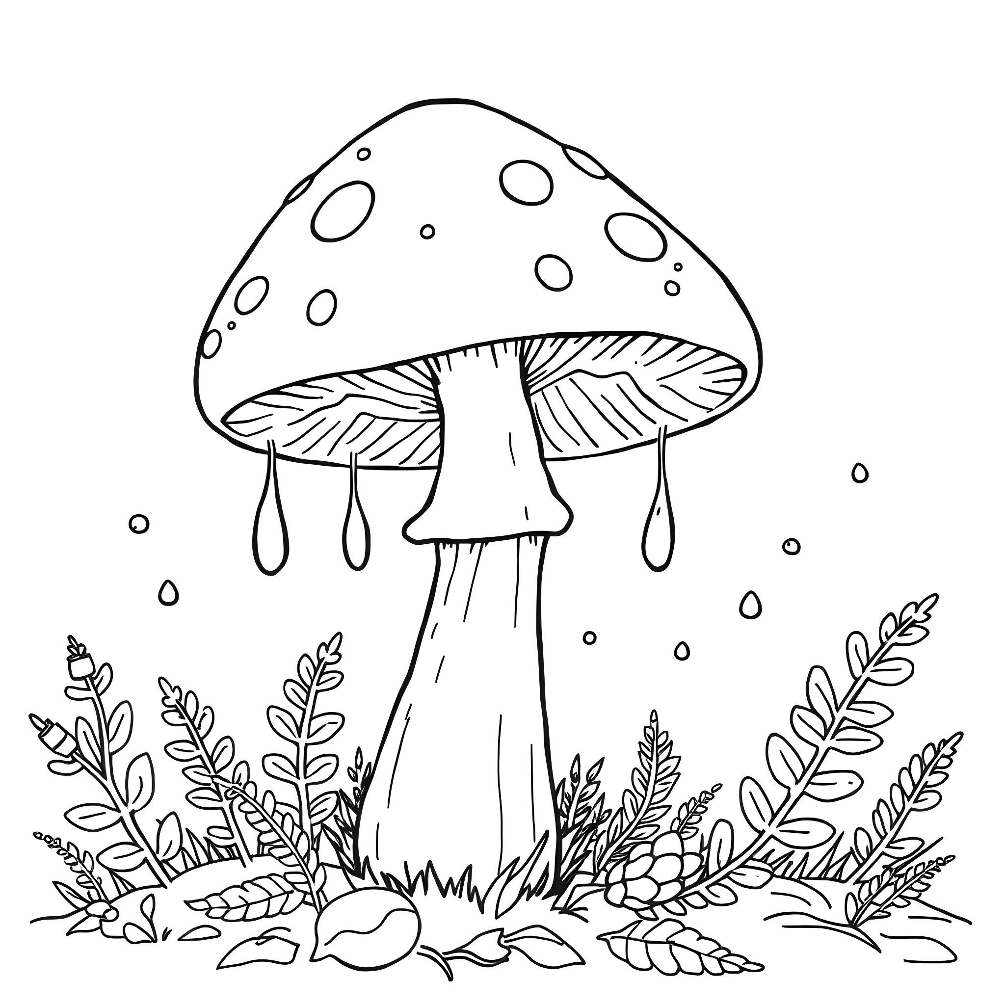 Mushroom amid lush forest vegetation Coloring Page (free black-and-white line drawing printable PDF for all, from beginners to advanced learners, including children, teens, adults, and seniors)