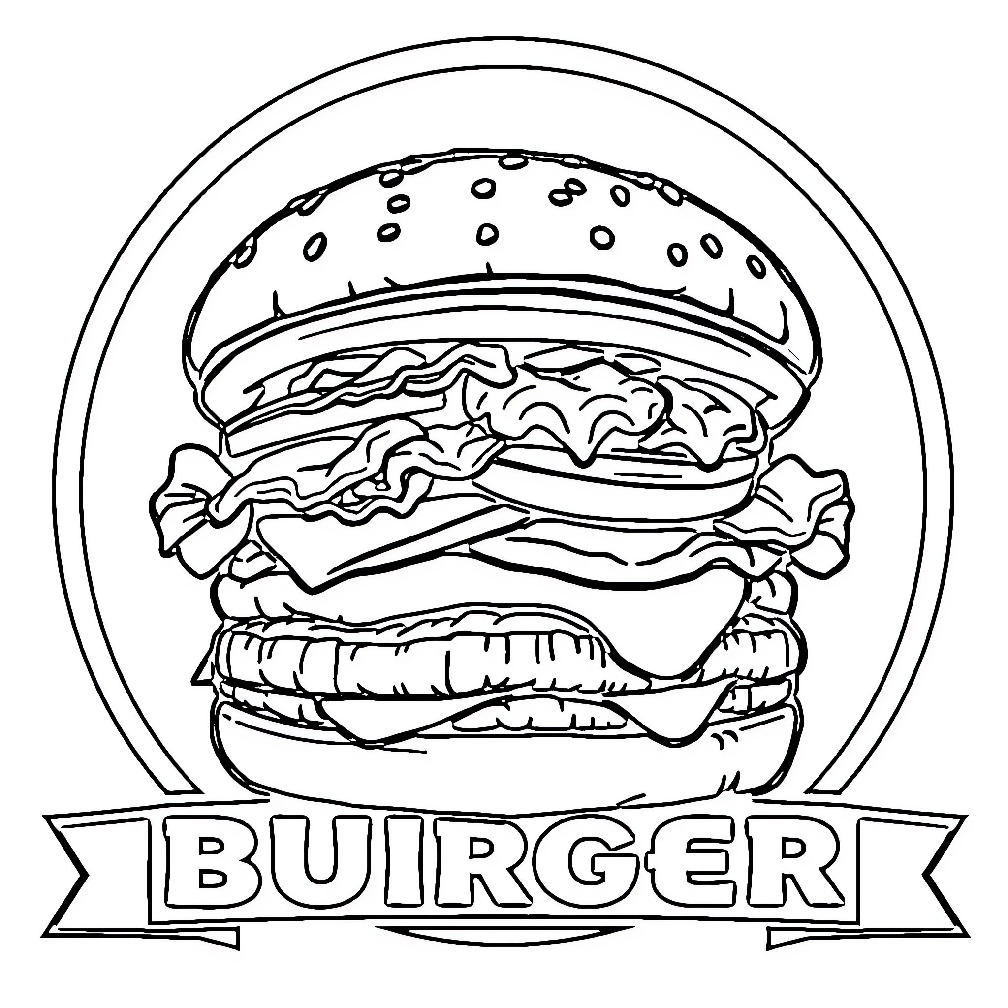 Burger with detailed layers and design Coloring Page (free black-and-white line drawing printable PDF for all, from beginners to advanced learners, including children, teens, adults, and seniors)