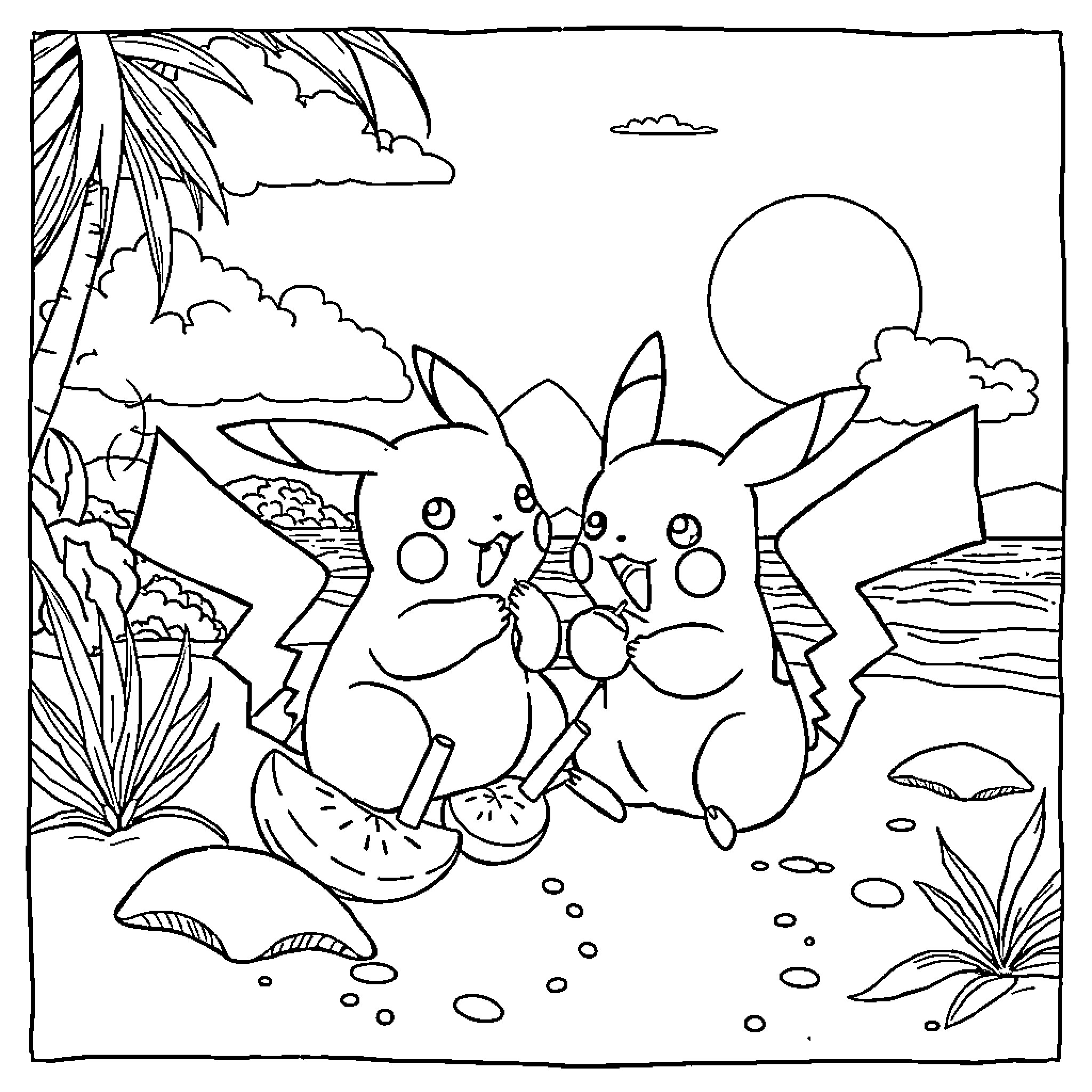 Unicorn Pikachus playing in a tropical paradise Coloring Page (free black-and-white line drawing printable PDF for all, from beginners to advanced learners, including children, teens, adults, and seniors)