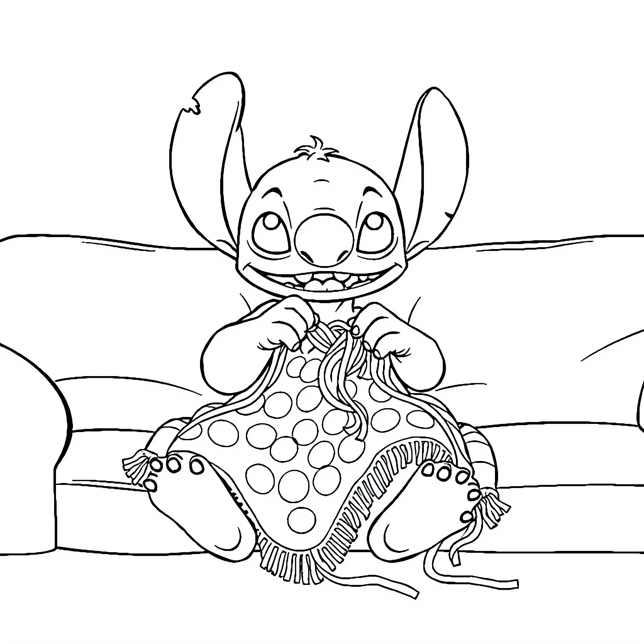 Stitch capturing marine life in the sea Coloring Page (free black-and-white line drawing printable PDF for all, from beginners to advanced learners, including children, teens, adults, and seniors)