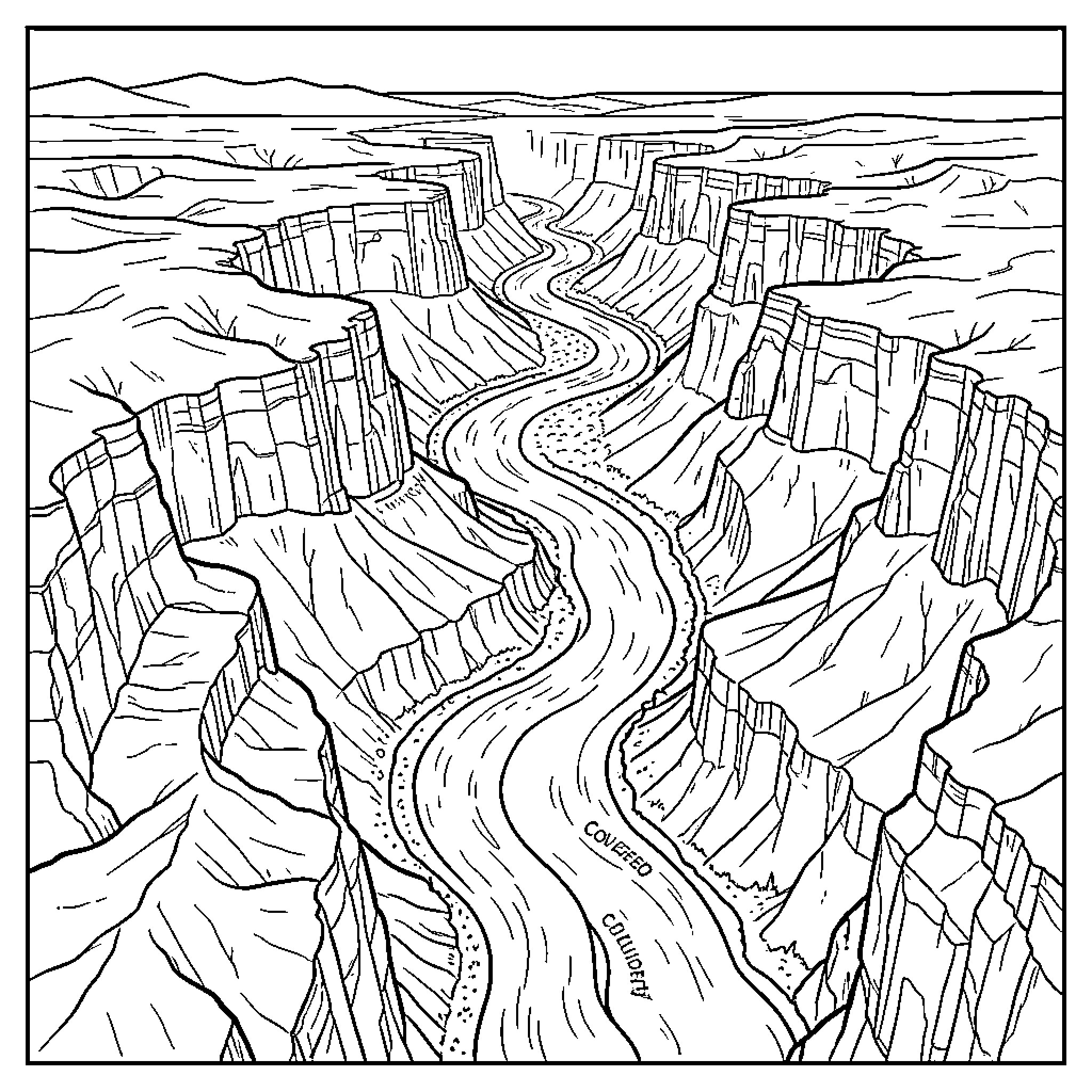 Colorado River Winding Through Dramatic Landscape Coloring Page (free black-and-white line drawing printable PDF for all, from beginners to advanced learners, including children, teens, adults, and seniors)