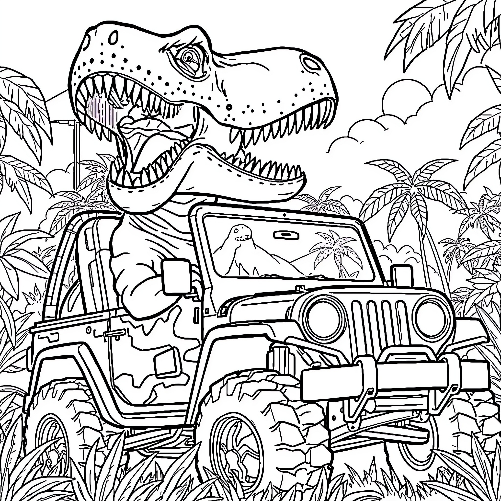 T-Rex chasing a Jeep in the jungle Coloring Page (free black-and-white line drawing printable PDF for all, from beginners to advanced learners, including children, teens, adults, and seniors)