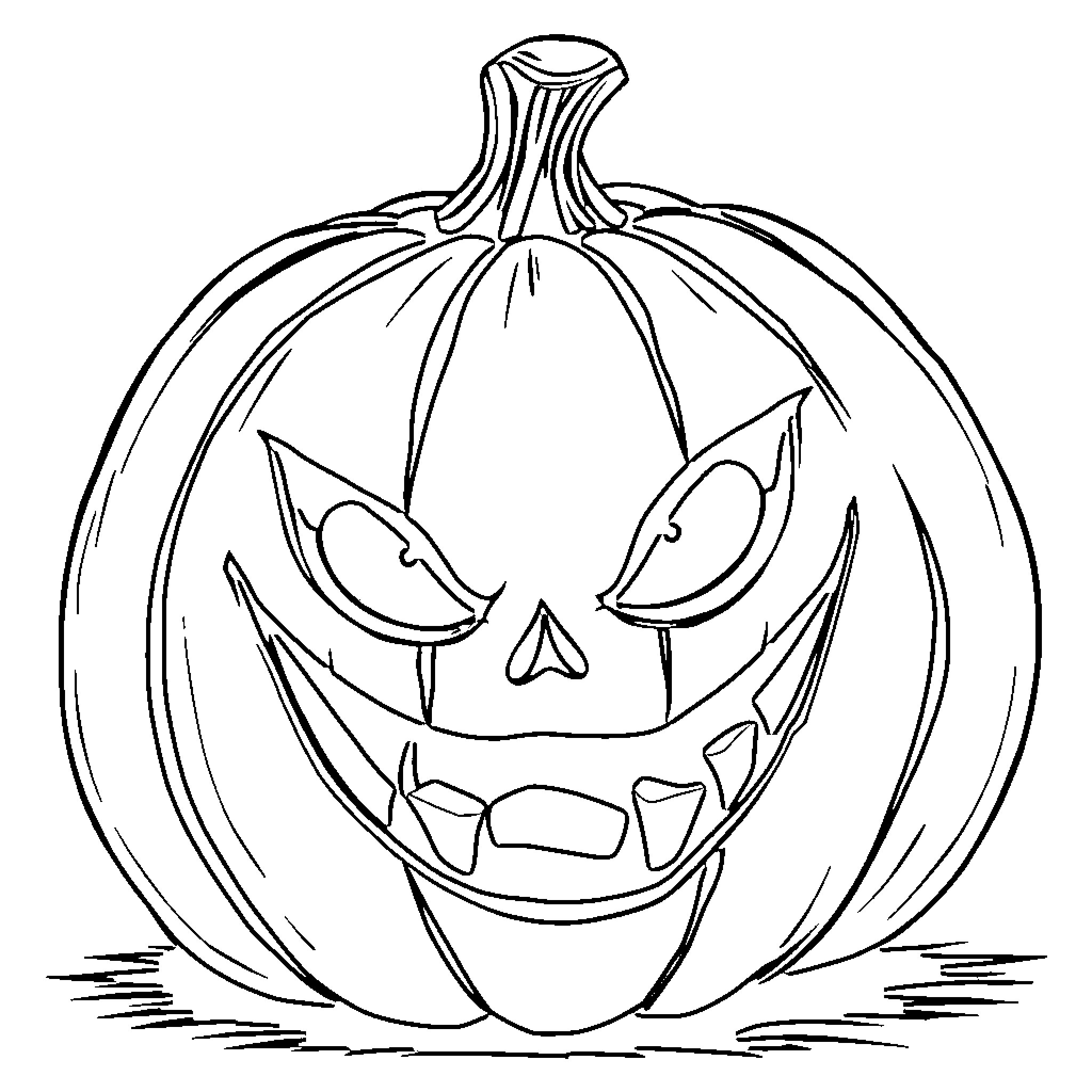 Jack-o'-lantern with creepy expression Coloring Page (free black-and-white line drawing printable PDF for all, from beginners to advanced learners, including children, teens, adults, and seniors)