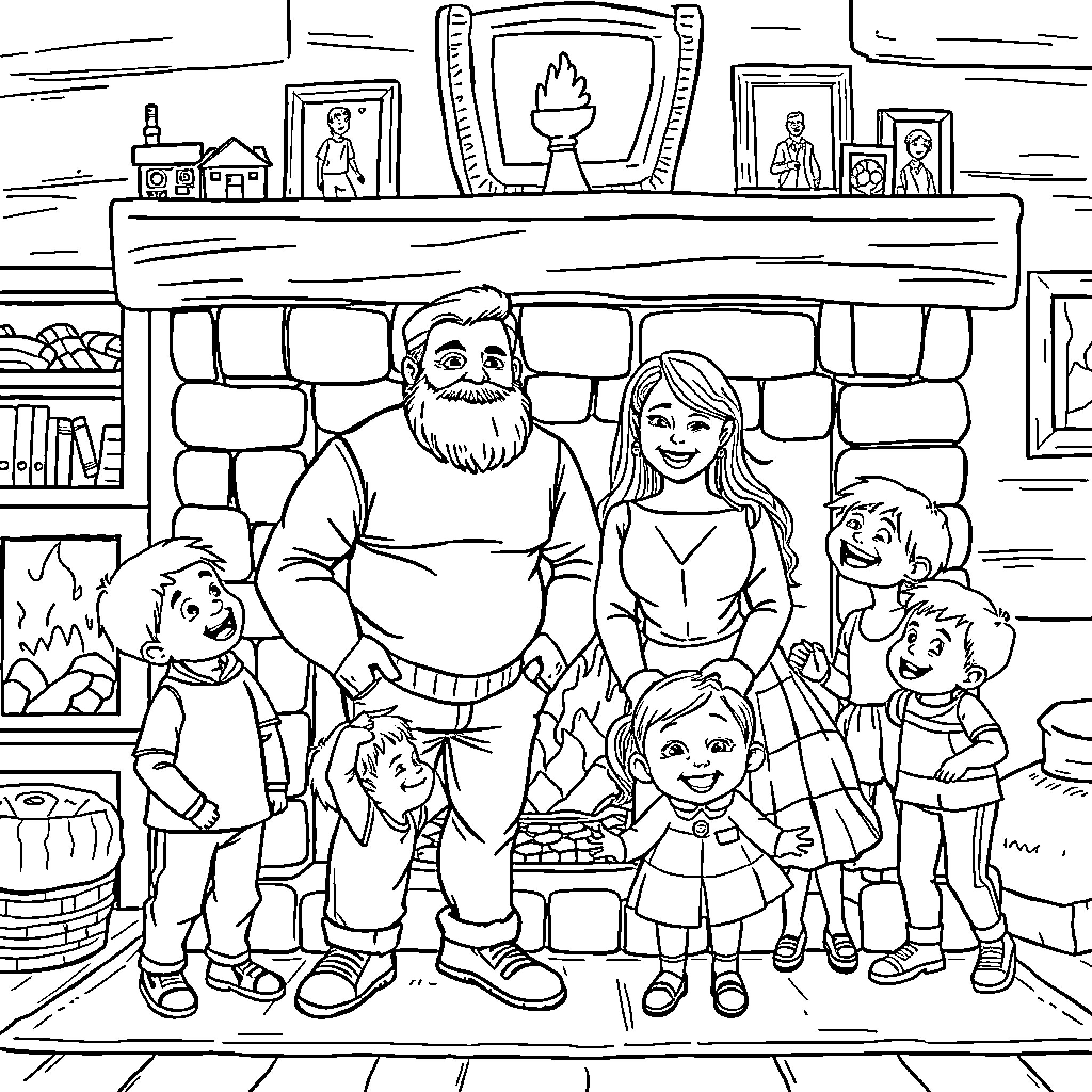 Family Gathering in a Cozy Home Coloring Page (free black-and-white line drawing printable PDF for all, from beginners to advanced learners, including children, teens, adults, and seniors)