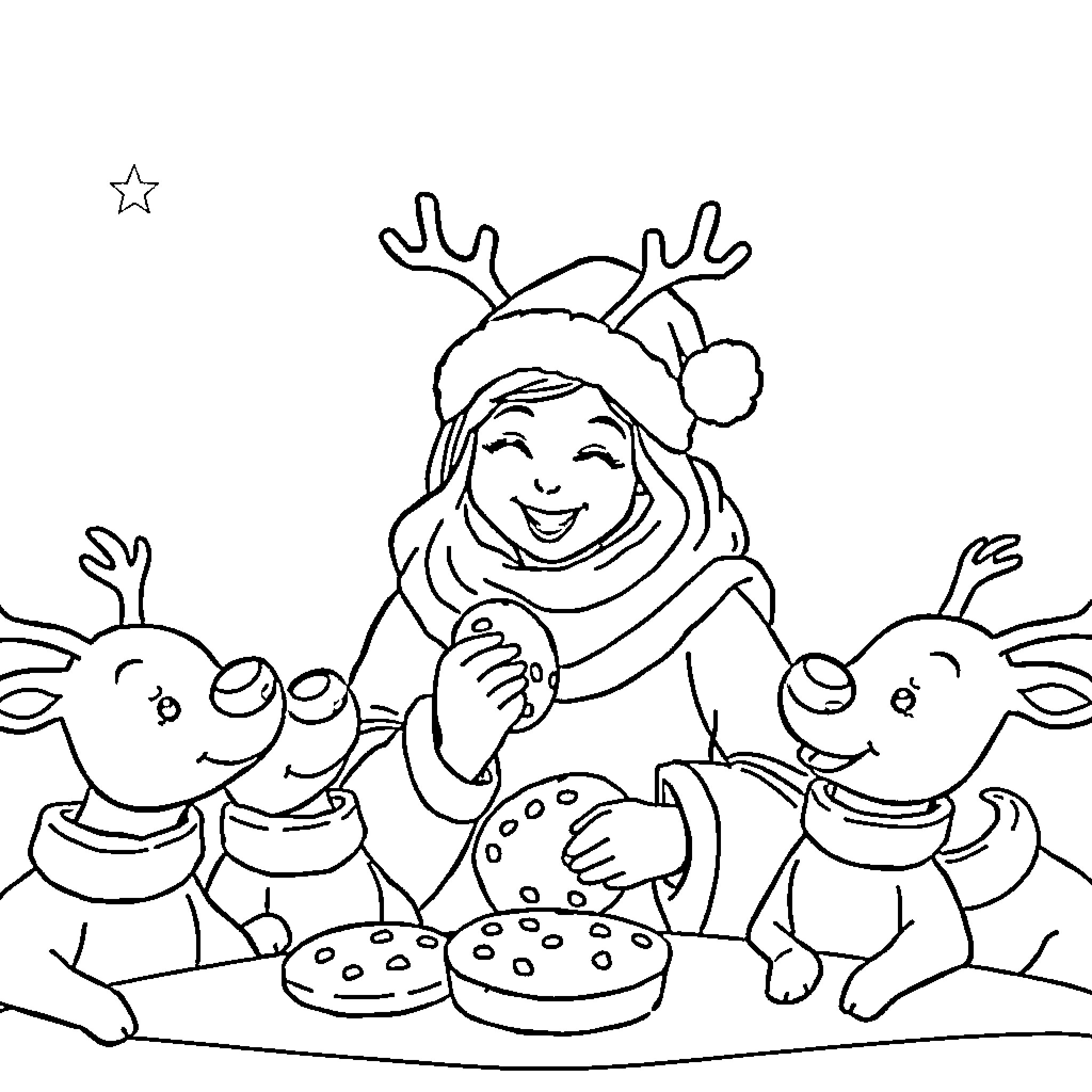 Reindeer sharing a festive meal with a child Coloring Page (free black-and-white line drawing printable PDF for all, from beginners to advanced learners, including children, teens, adults, and seniors)