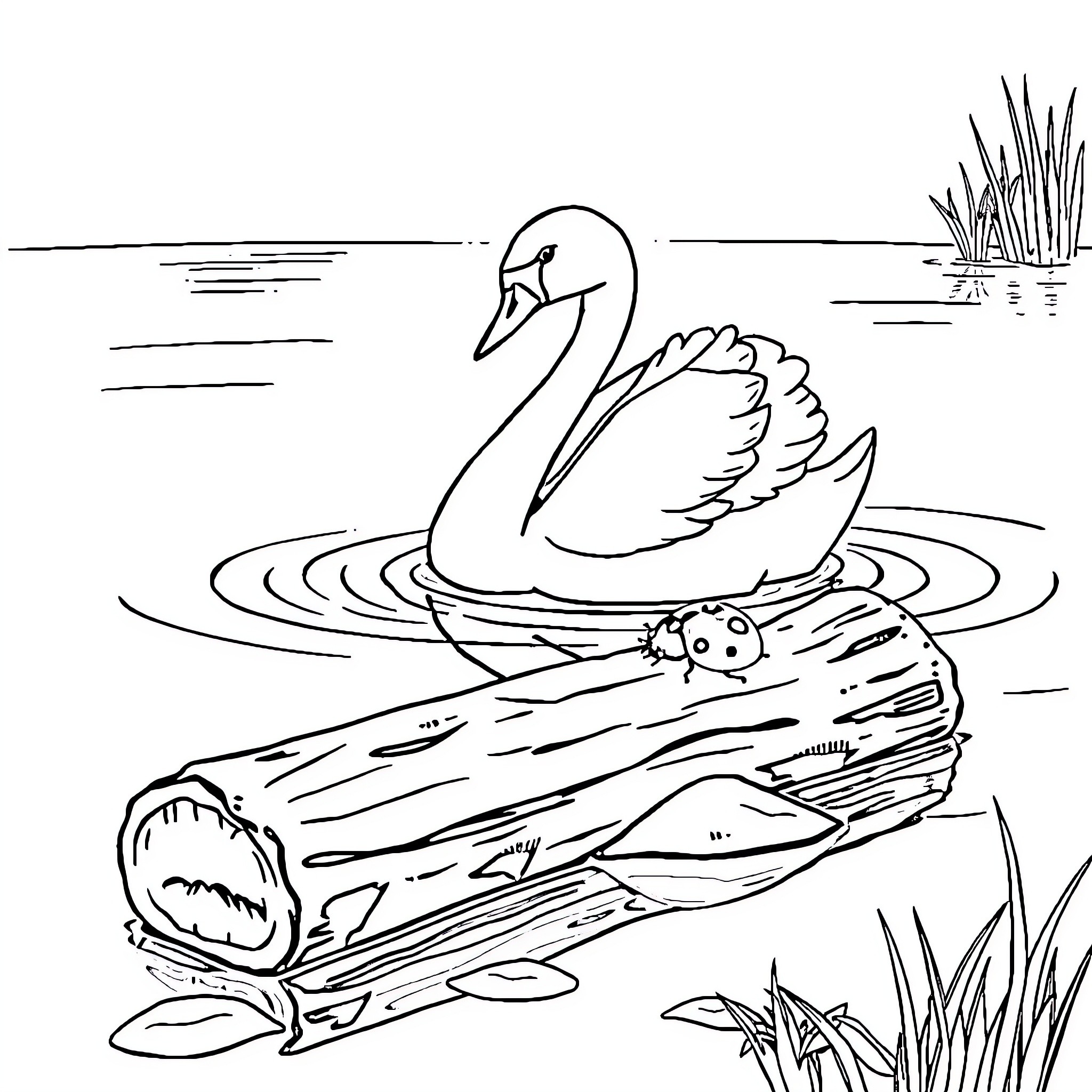 Swan Swimming on Serene Lake Coloring Page (free black-and-white line drawing printable PDF for all, from beginners to advanced learners, including children, teens, adults, and seniors)