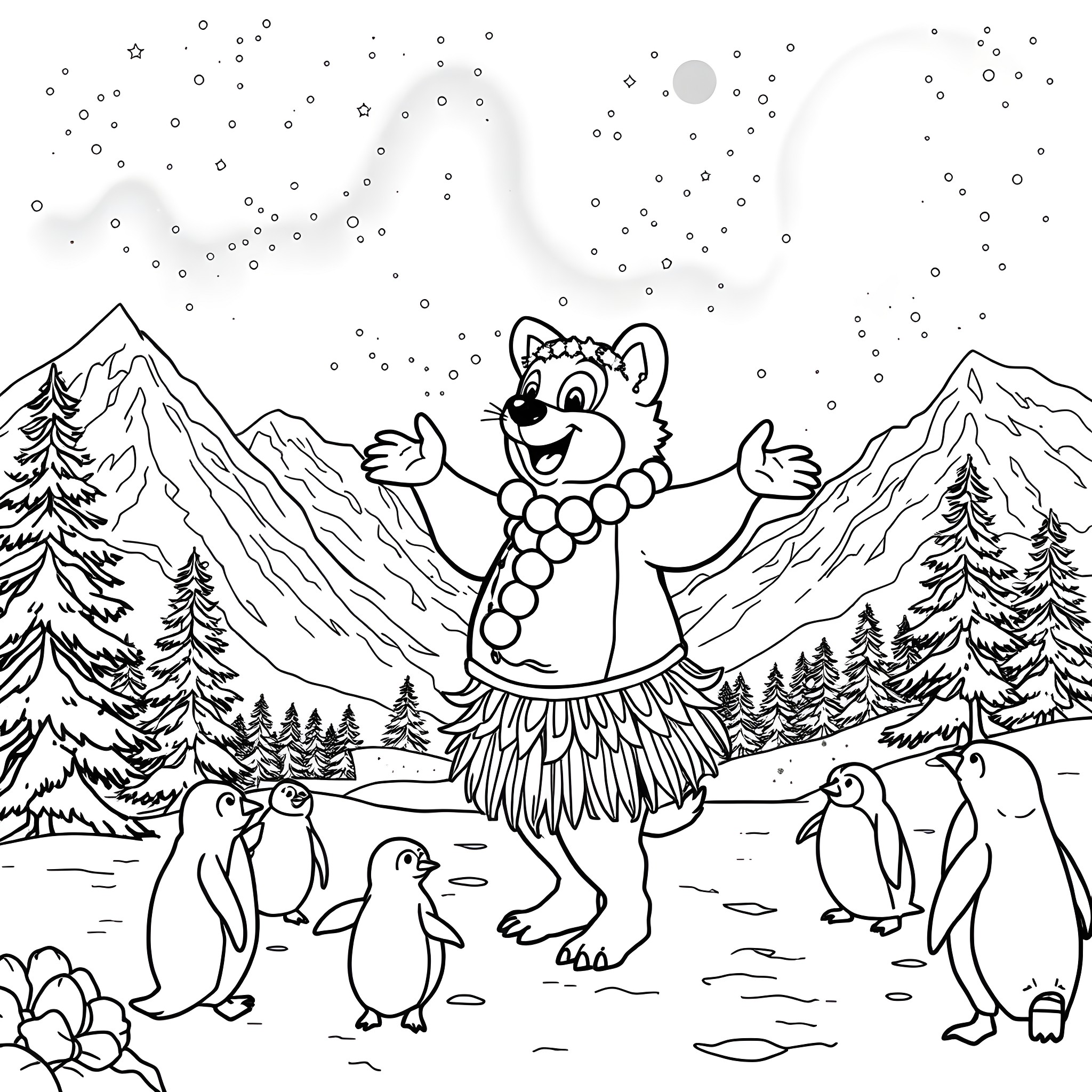 Chowder playing joyfully with penguins in the snowy mountains Coloring Page (free black-and-white line drawing printable PDF for all, from beginners to advanced learners, including children, teens, adults, and seniors)