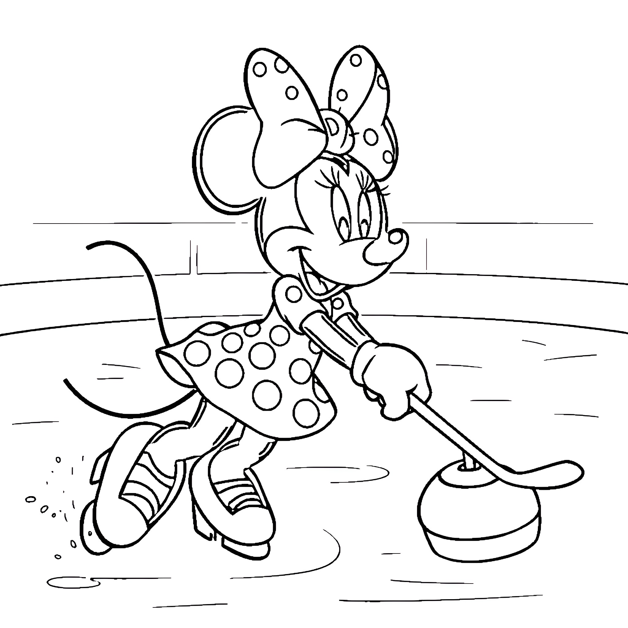 Minnie Mouse sweeping the floor in polka dot dress Coloring Page (free black-and-white line drawing printable PDF for all, from beginners to advanced learners, including children, teens, adults, and seniors)