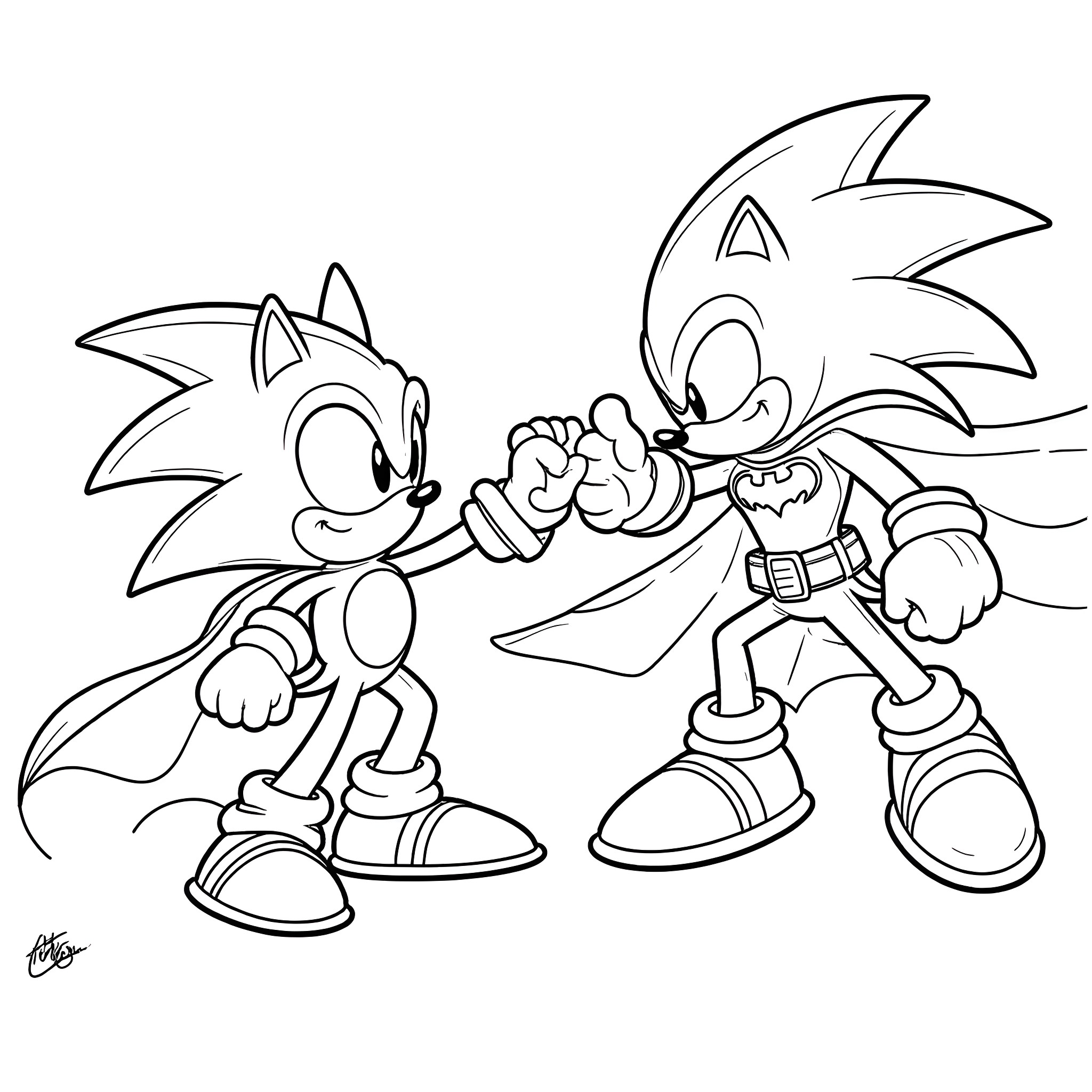 Sonic characters in action-packed pose Coloring Page (free black-and-white line drawing printable PDF for all, from beginners to advanced learners, including children, teens, adults, and seniors)