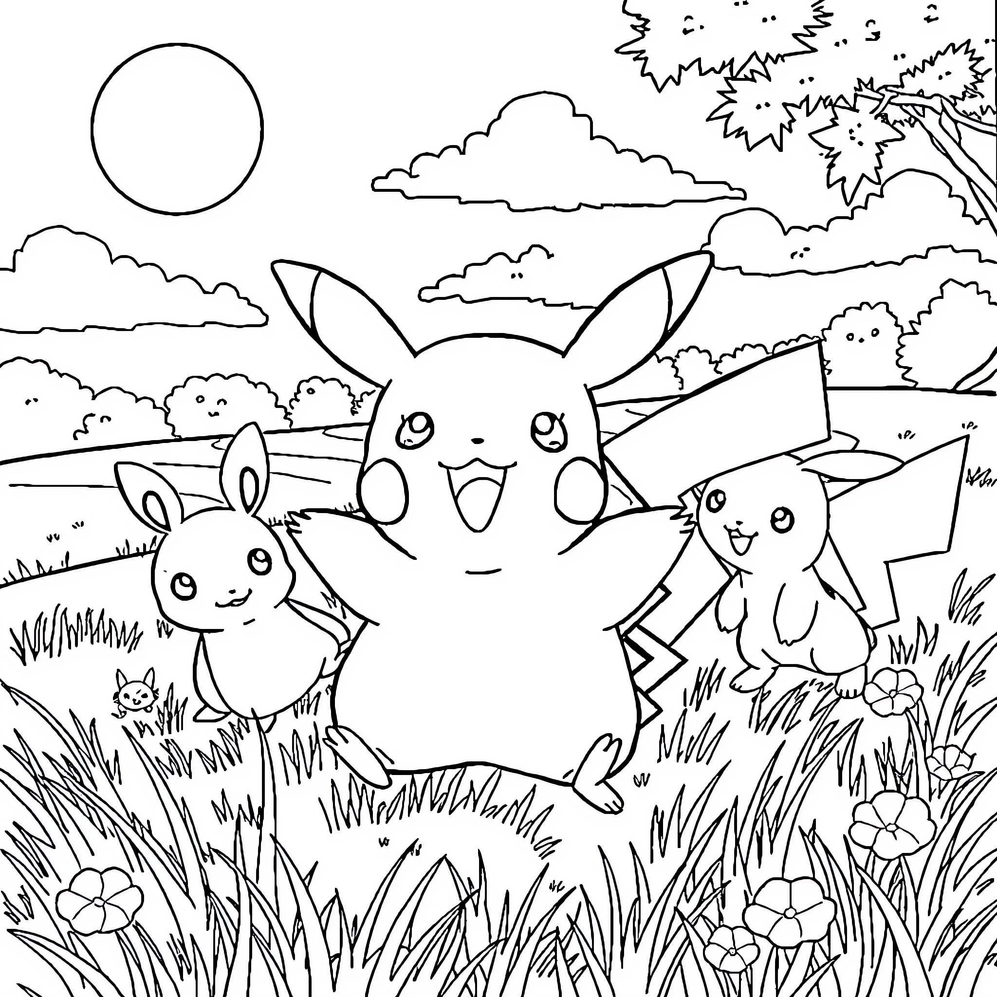 Pikachu and Friends Exploring the Enchanting Outdoors Coloring Page (free black-and-white line drawing printable PDF for all, from beginners to advanced learners, including children, teens, adults, and seniors)