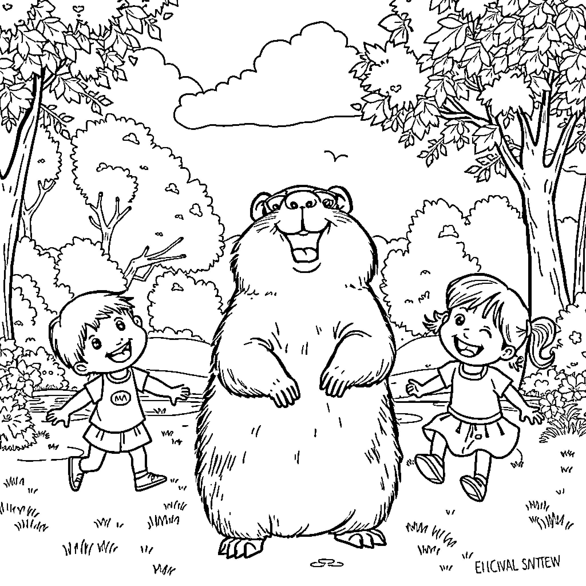 Capybara and children playing in the forest Coloring Page (free black-and-white line drawing printable PDF for all, from beginners to advanced learners, including children, teens, adults, and seniors)