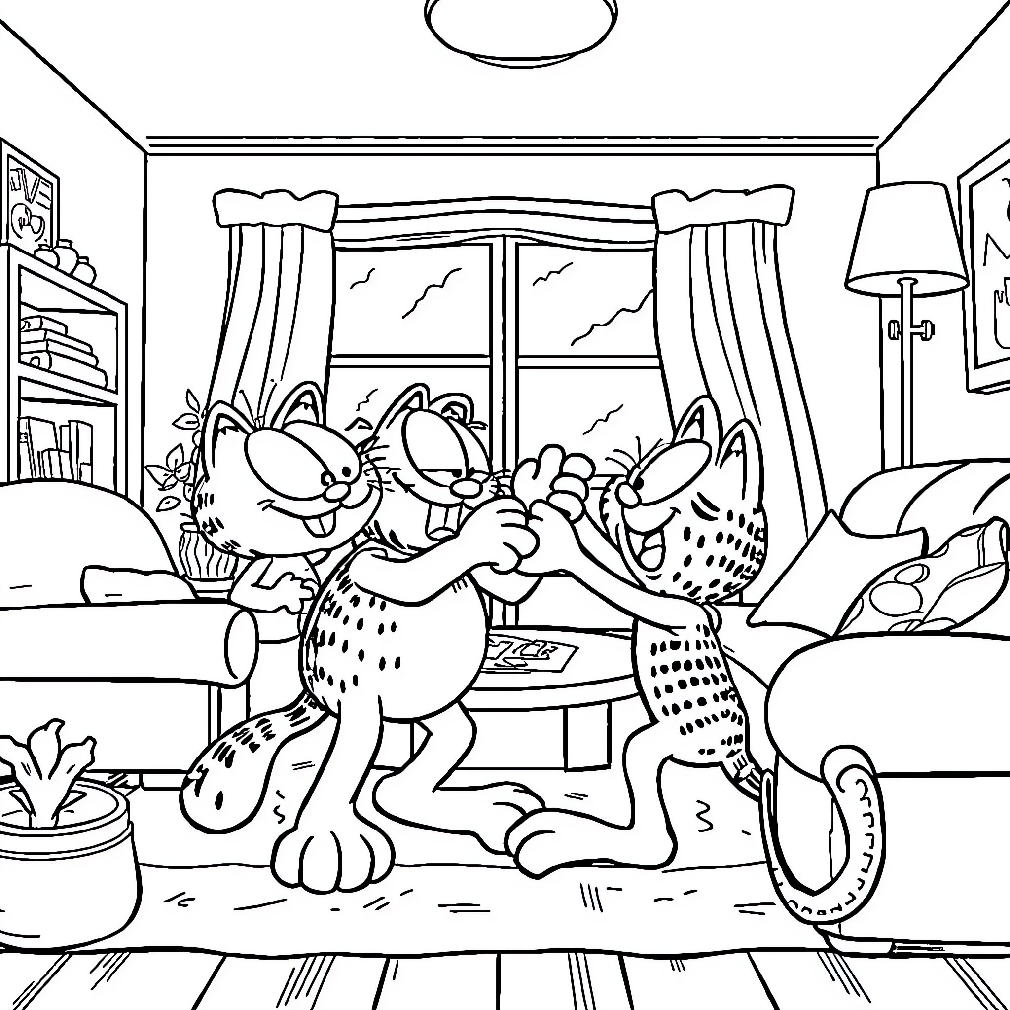 Garfield enjoys a cozy indoor scene with his pet friends Coloring Page (free black-and-white line drawing printable PDF for all, from beginners to advanced learners, including children, teens, adults, and seniors)
