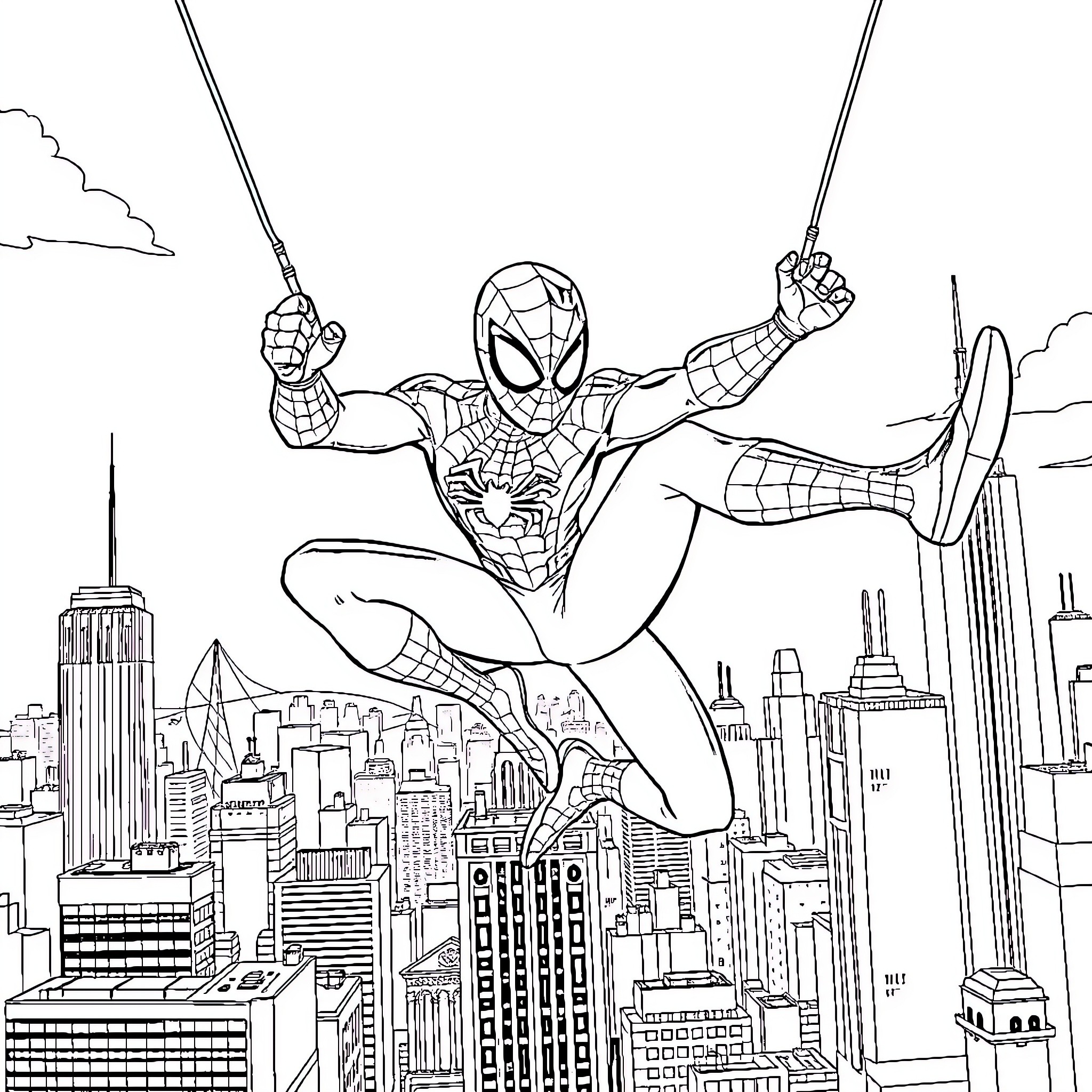Spider-Man swinging through the city in action pose Coloring Page (free black-and-white line drawing printable PDF for all, from beginners to advanced learners, including children, teens, adults, and seniors)