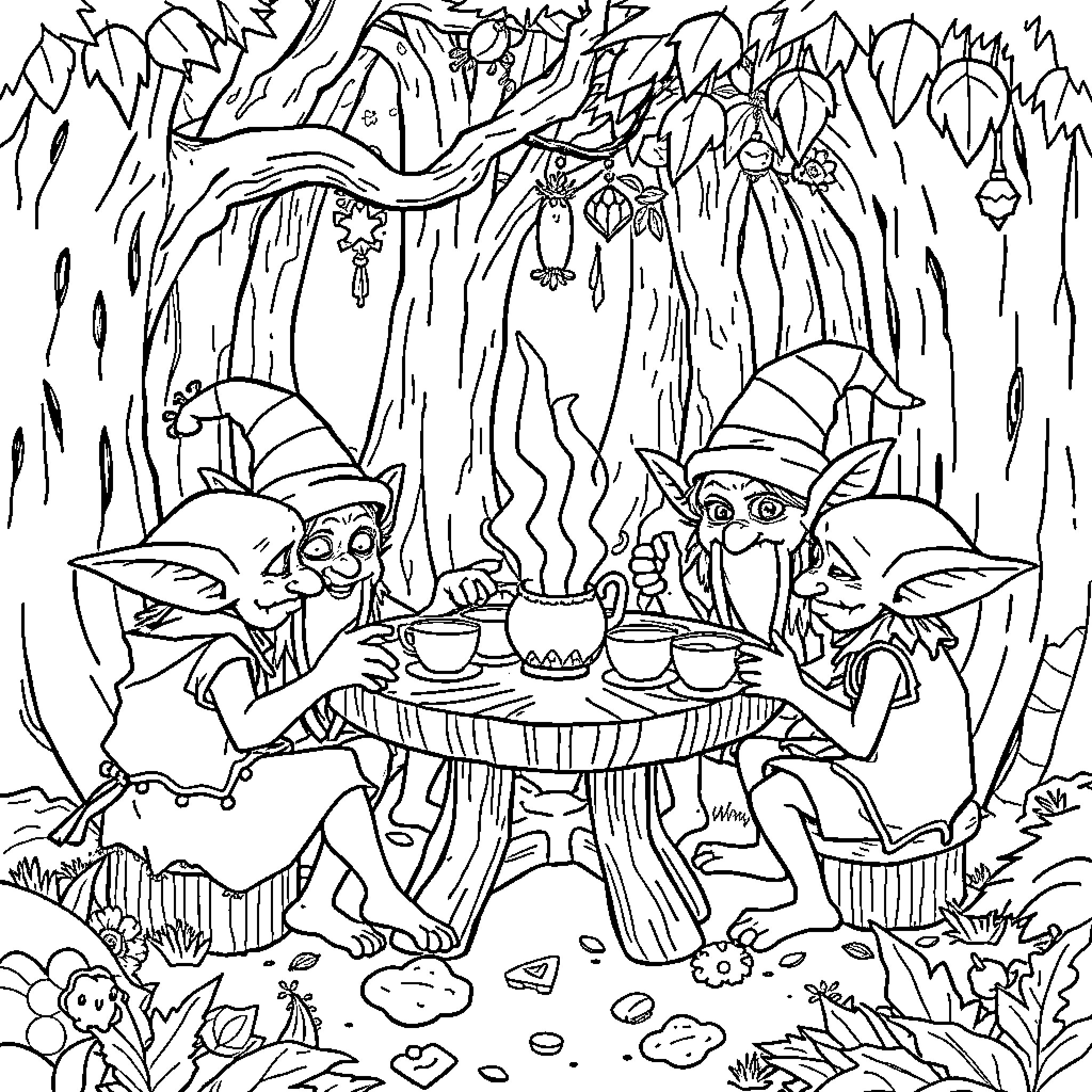 Goblin Tea Party in the Enchanted Forest Coloring Page (free black-and-white line drawing printable PDF for all, from beginners to advanced learners, including children, teens, adults, and seniors)