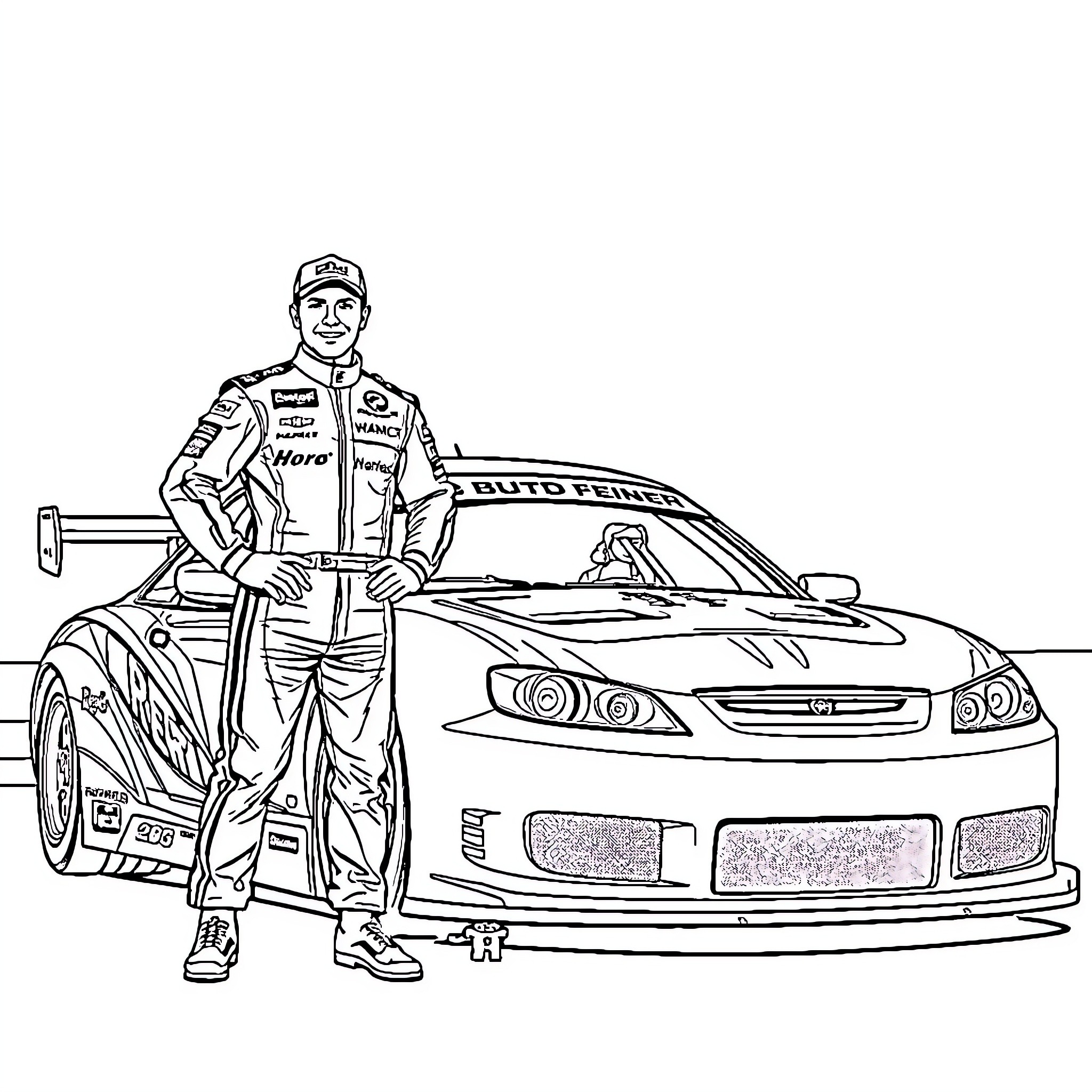 Brock Feeney posing with his race car Coloring Page (free black-and-white line drawing printable PDF for all, from beginners to advanced learners, including children, teens, adults, and seniors)