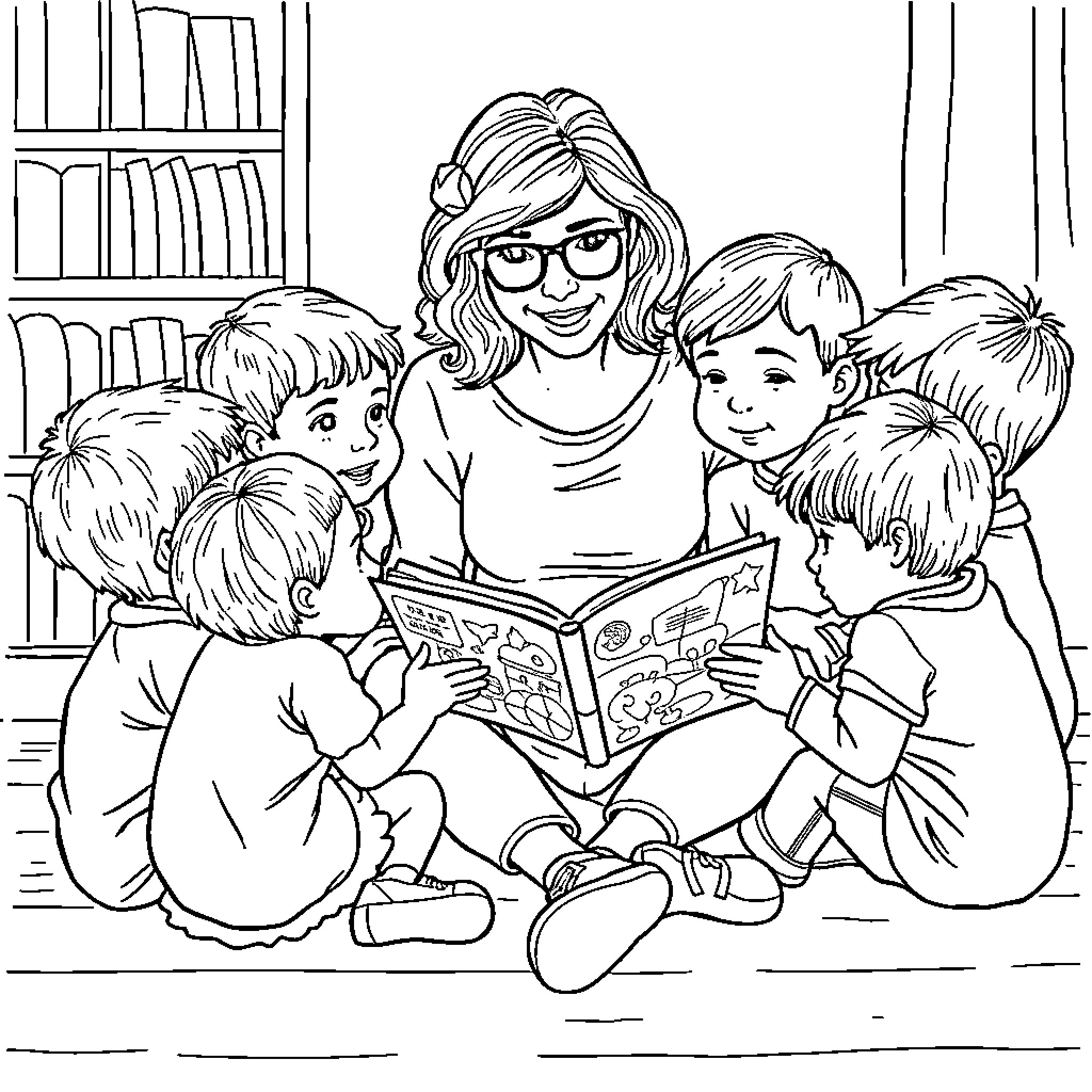 Kid Teacher Reading Book with Children Coloring Page (free black-and-white line drawing printable PDF for all, from beginners to advanced learners, including children, teens, adults, and seniors)