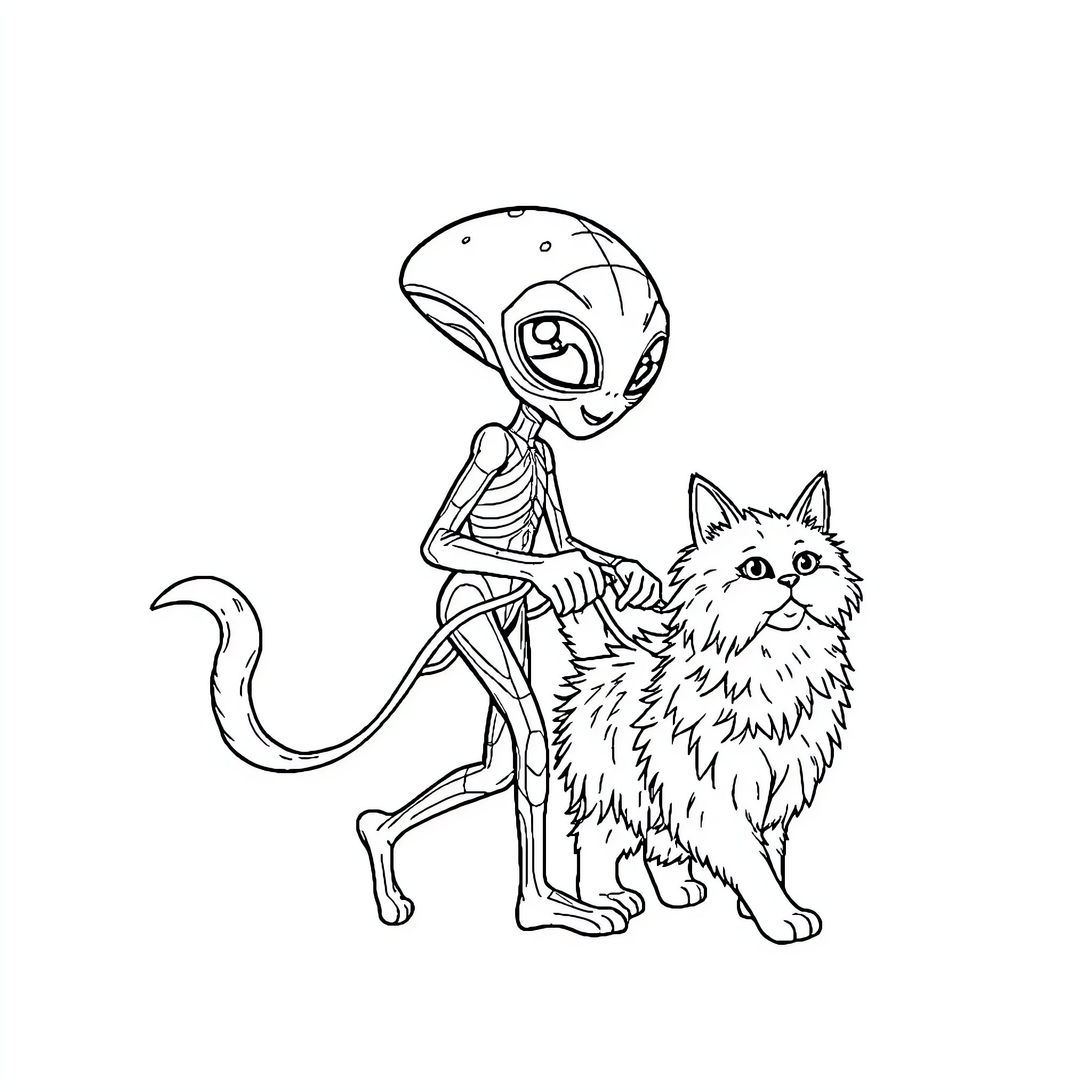 Alien riding a fluffy cat in a playful manner Coloring Page (free black-and-white line drawing printable PDF for all, from beginners to advanced learners, including children, teens, adults, and seniors)
