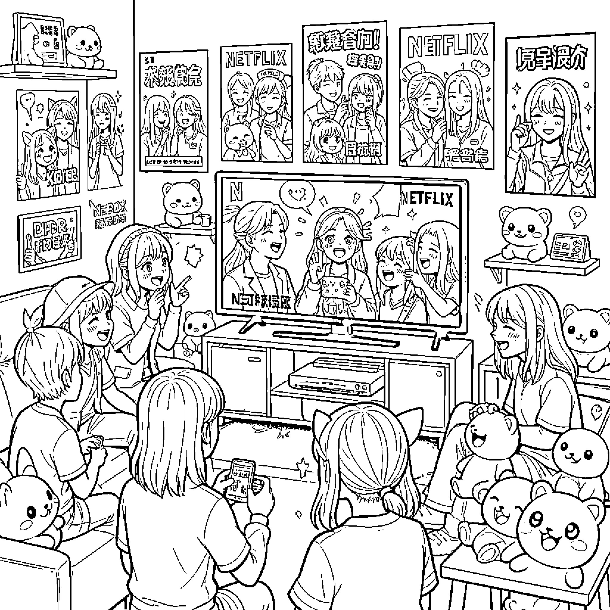 K Pop Girls Enjoying Netflix Marathon with Adorable Plushies Coloring Page (free black-and-white line drawing printable PDF for all, from beginners to advanced learners, including children, teens, adults, and seniors)