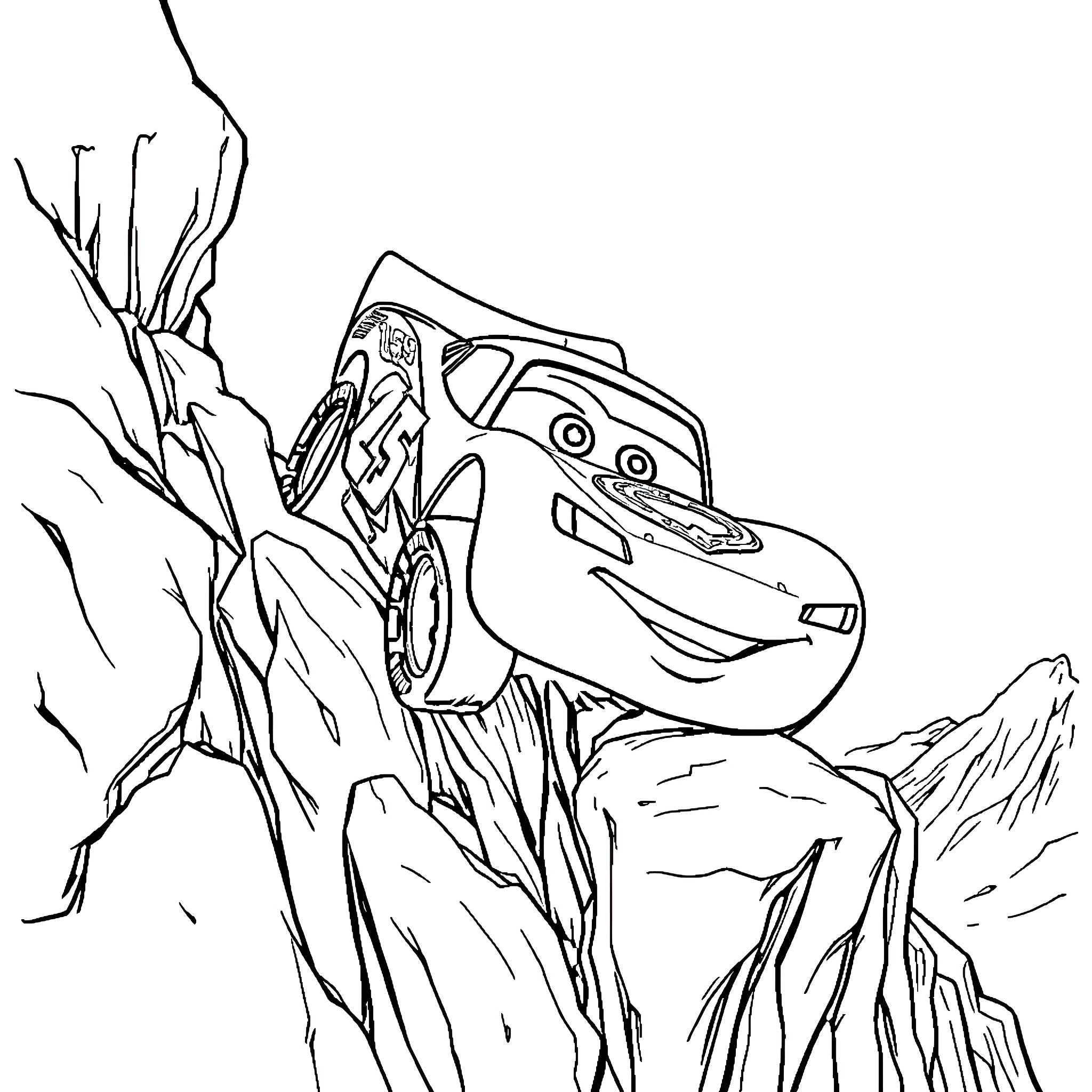 Lightning McQueen climbing rocky terrain Coloring Page (free black-and-white line drawing printable PDF for all, from beginners to advanced learners, including children, teens, adults, and seniors)