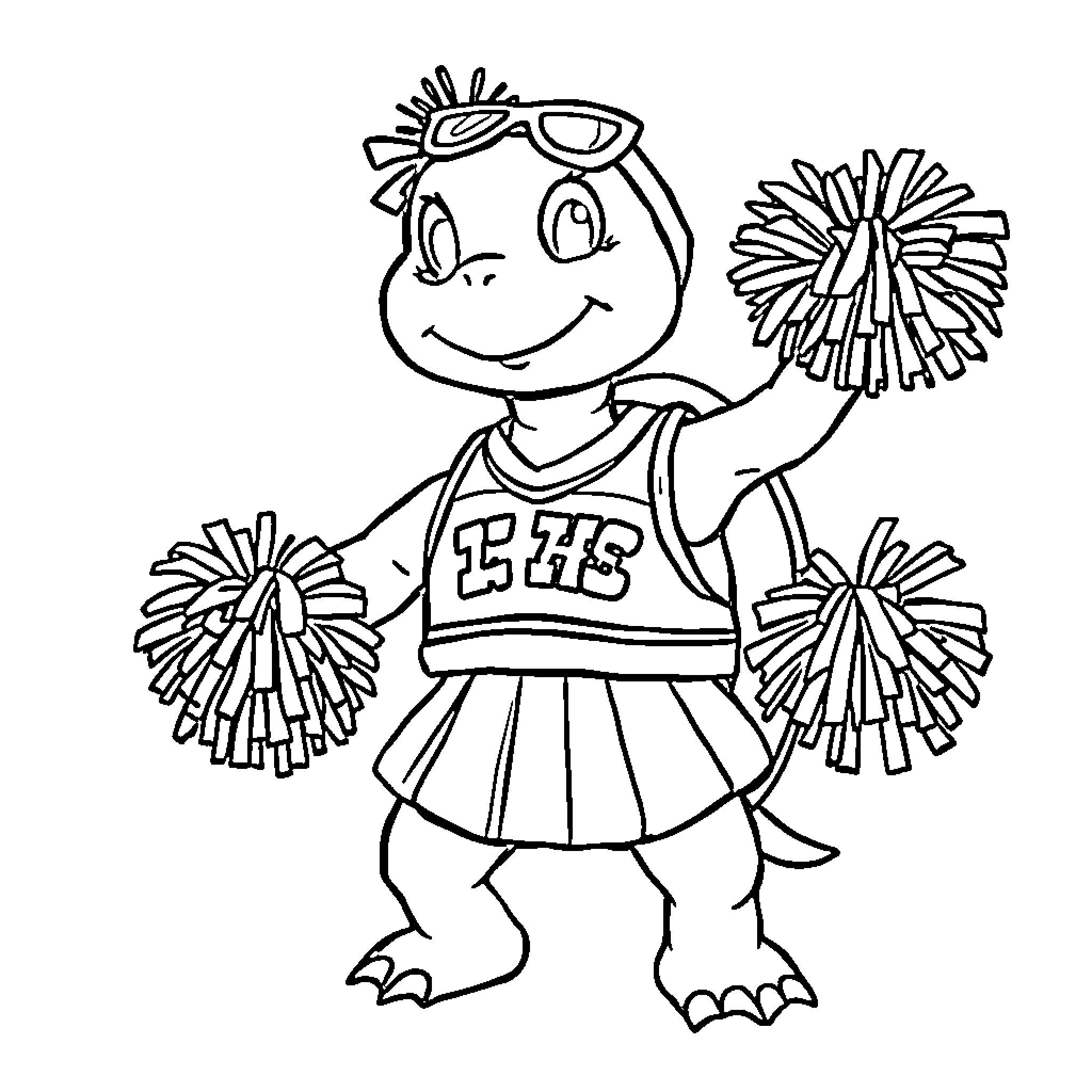 Turtle cheerleader performing with pompoms Coloring Page (free black-and-white line drawing printable PDF for all, from beginners to advanced learners, including children, teens, adults, and seniors)