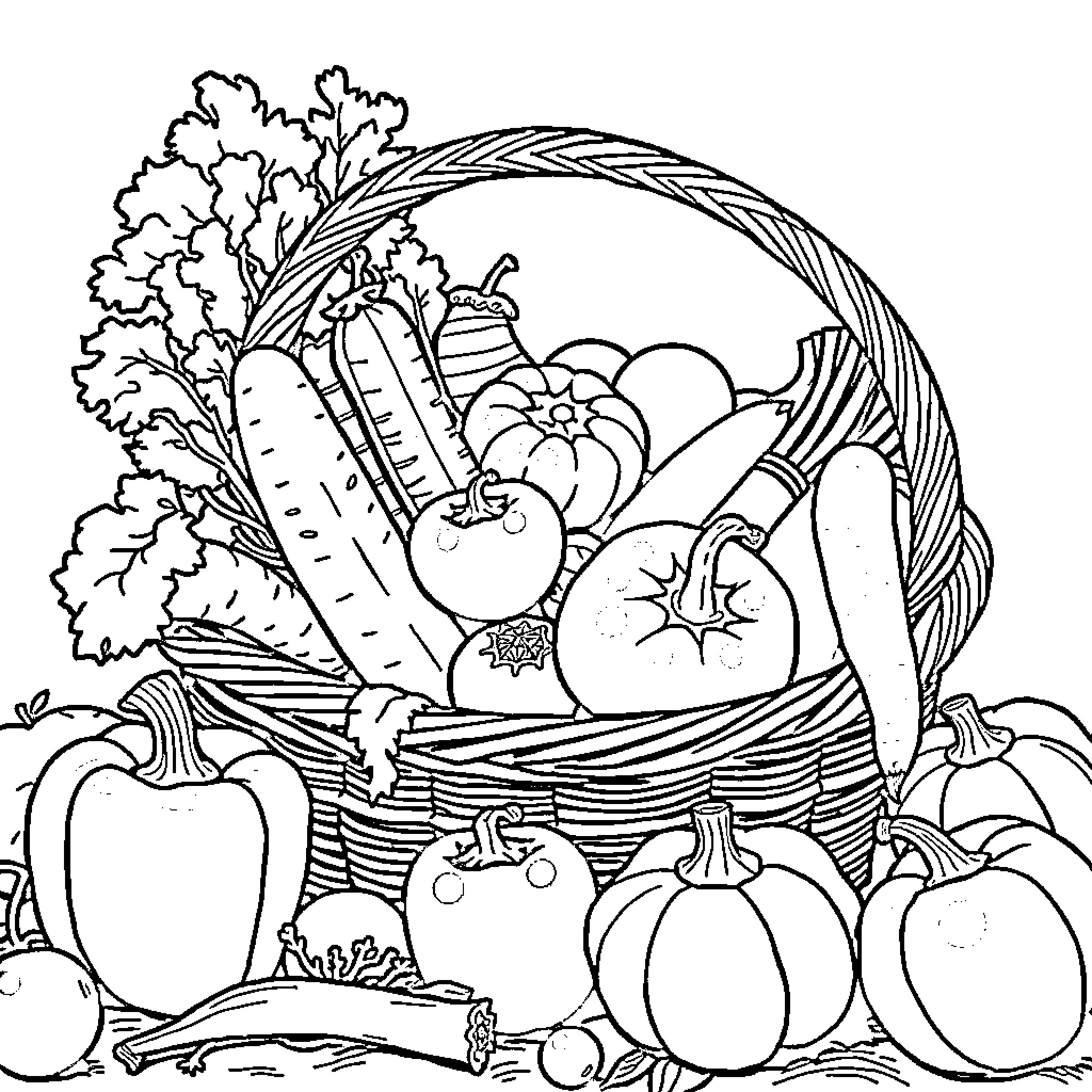 Vegetable Basket Overflowing with Harvest Coloring Page (free black-and-white line drawing printable PDF for all, from beginners to advanced learners, including children, teens, adults, and seniors)