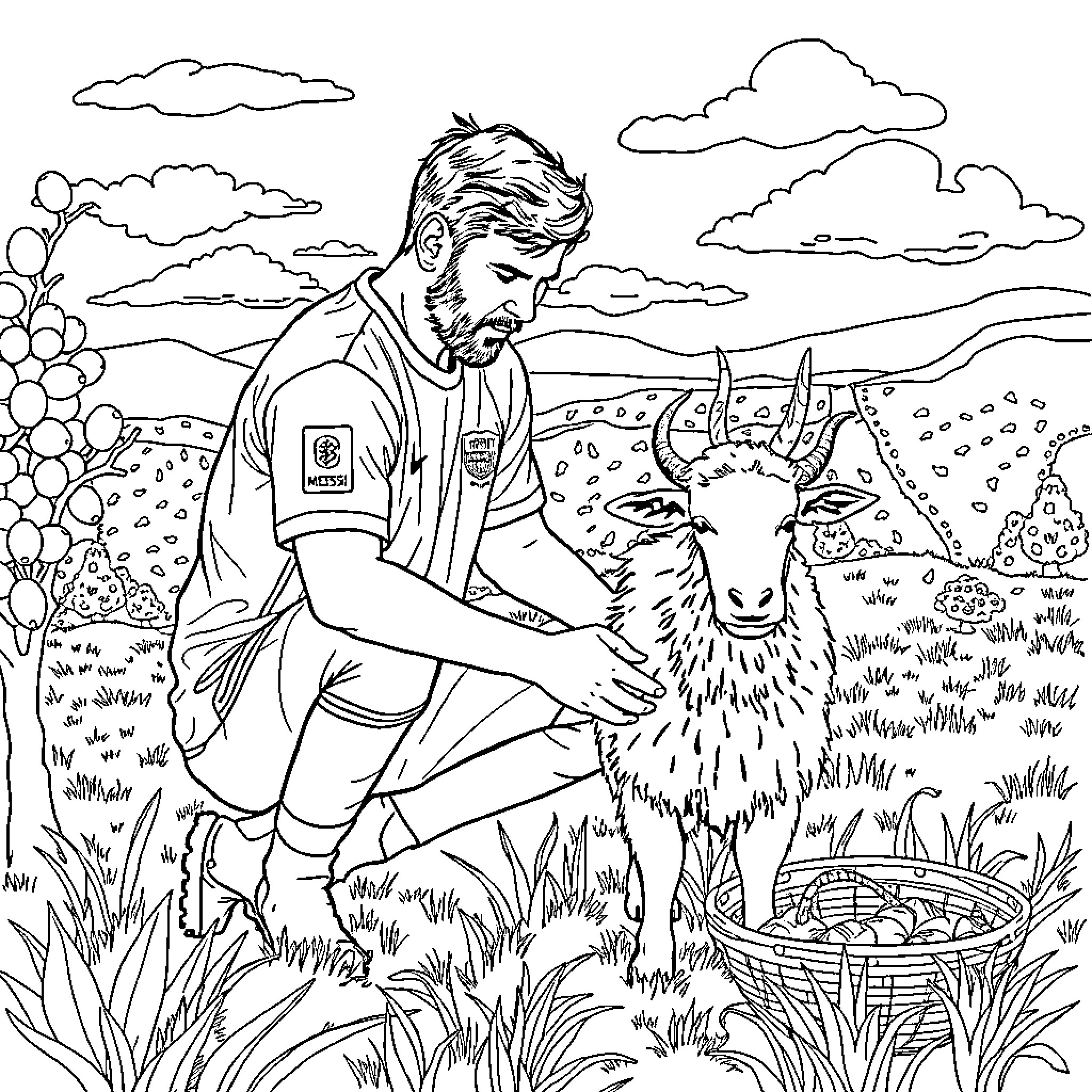 Messi exploring the countryside with a friendly goat Coloring Page (free black-and-white line drawing printable PDF for all, from beginners to advanced learners, including children, teens, adults, and seniors)