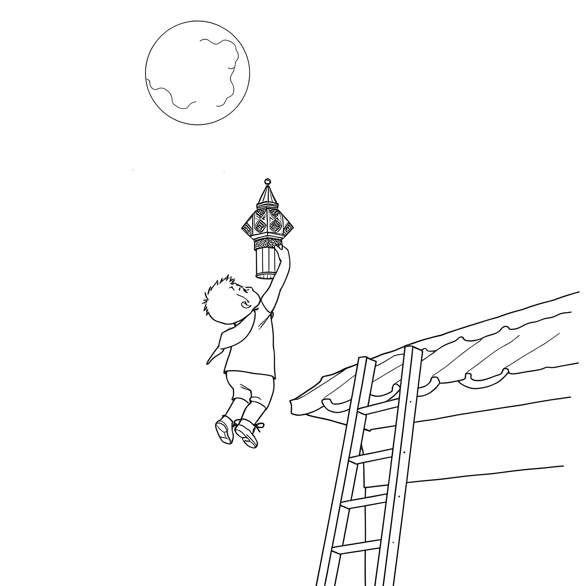 Child climbing ladder to hang lantern Coloring Page (free black-and-white line drawing printable PDF for all, from beginners to advanced learners, including children, teens, adults, and seniors)