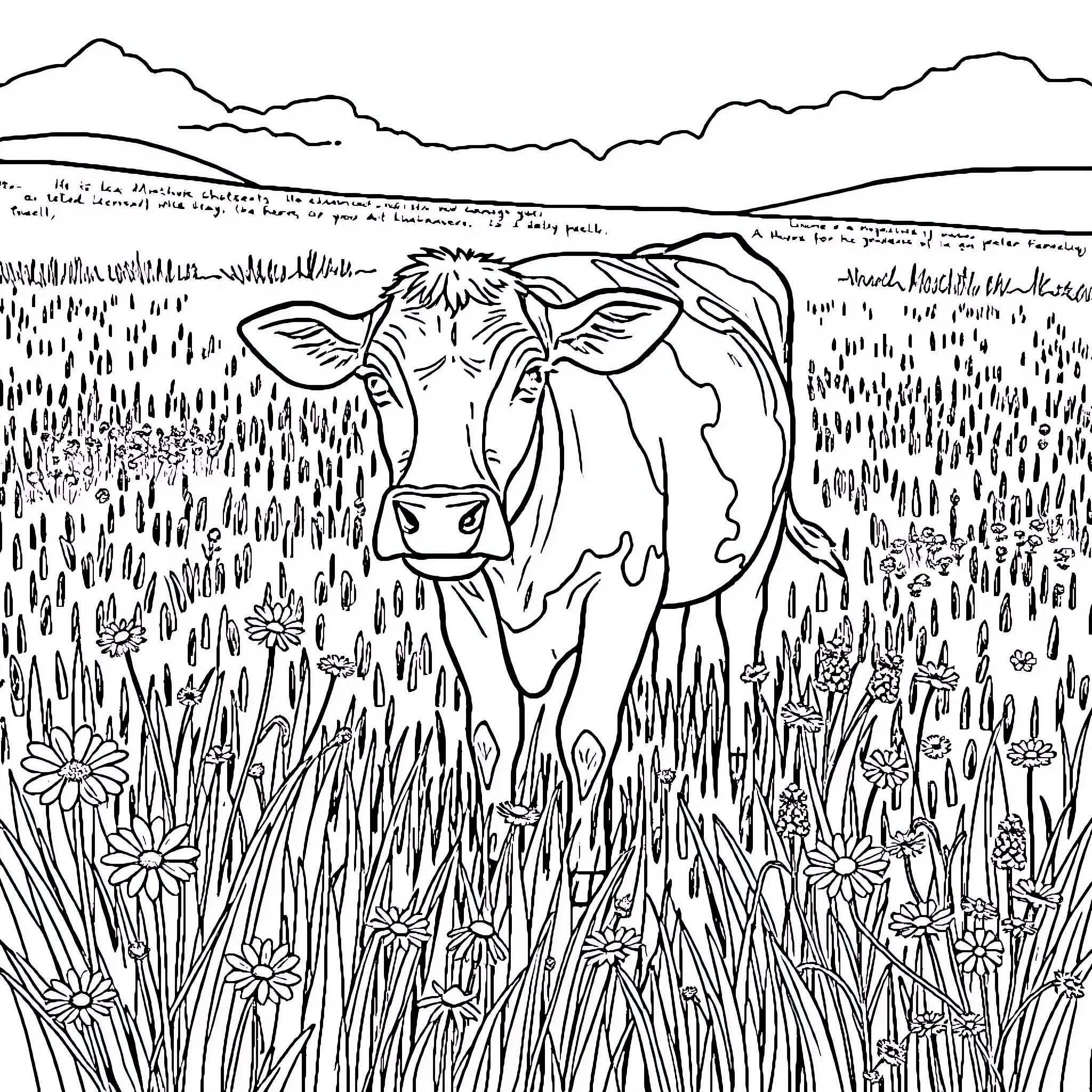 Cow grazing peacefully in a lush meadow Coloring Page (free black-and-white line drawing printable PDF for all, from beginners to advanced learners, including children, teens, adults, and seniors)