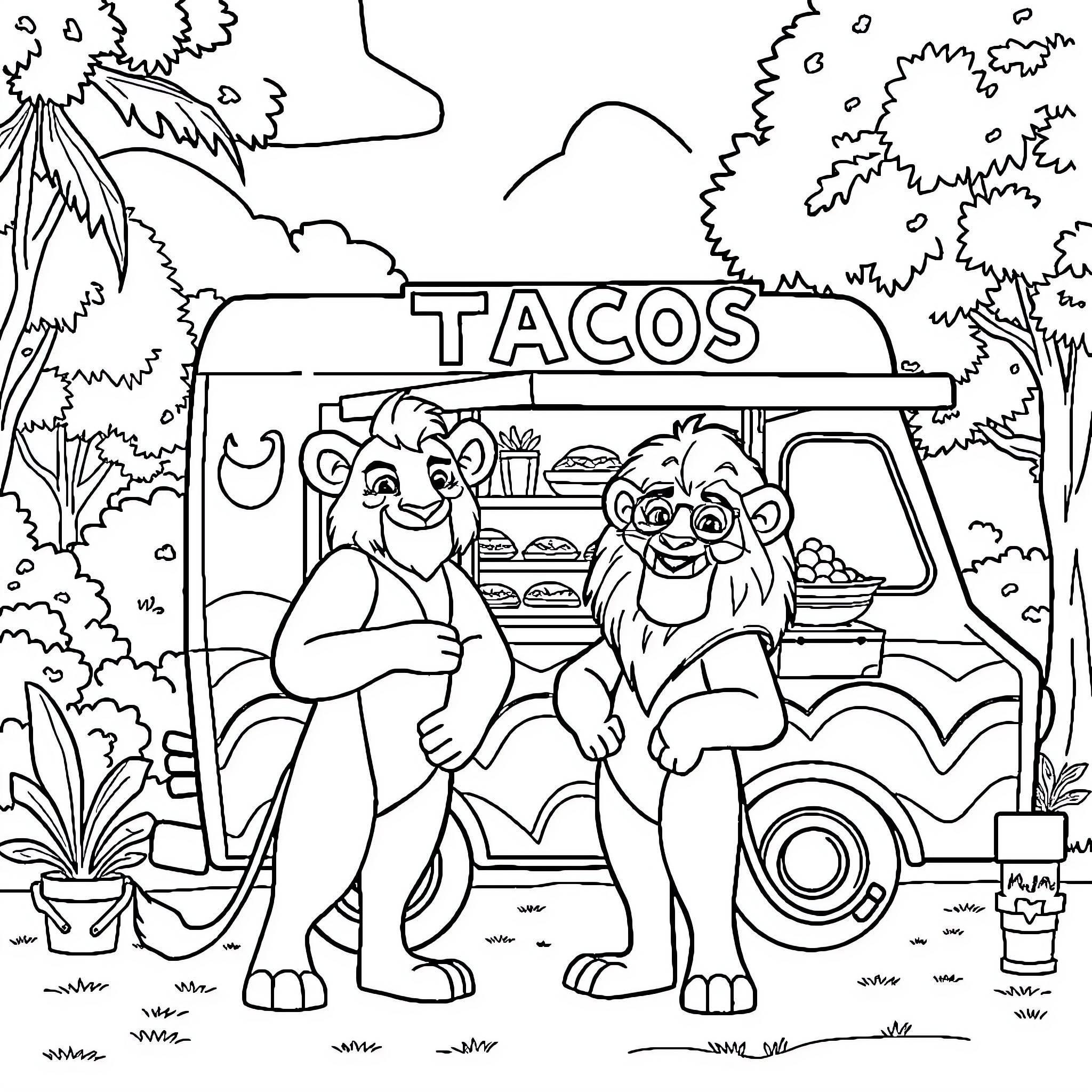 Mufasa and Scar by the Taco Truck in the Wild Coloring Page (free black-and-white line drawing printable PDF for all, from beginners to advanced learners, including children, teens, adults, and seniors)
