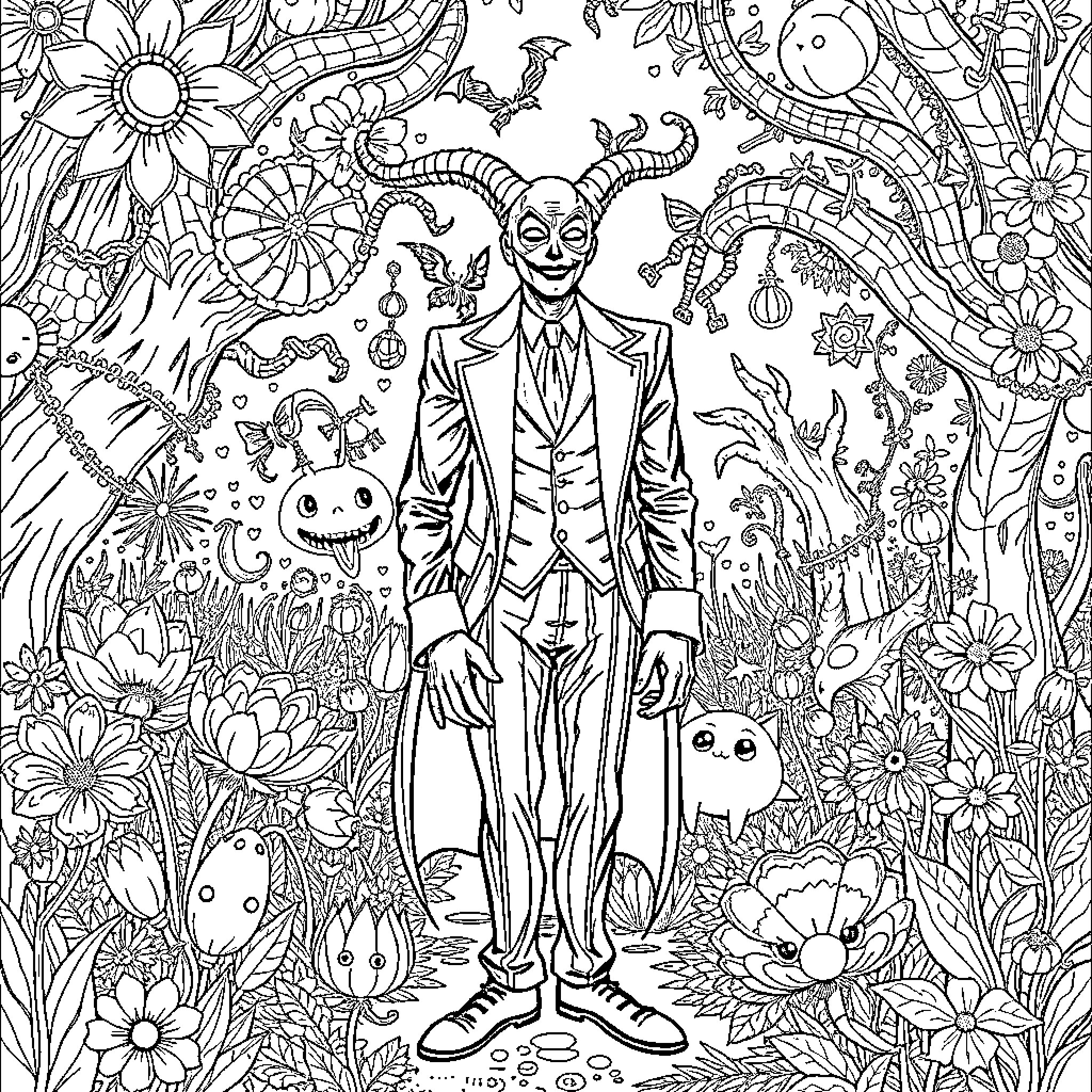 Joker's Mystical Botanical Realm Coloring Page (free black-and-white line drawing printable PDF for all, from beginners to advanced learners, including children, teens, adults, and seniors)