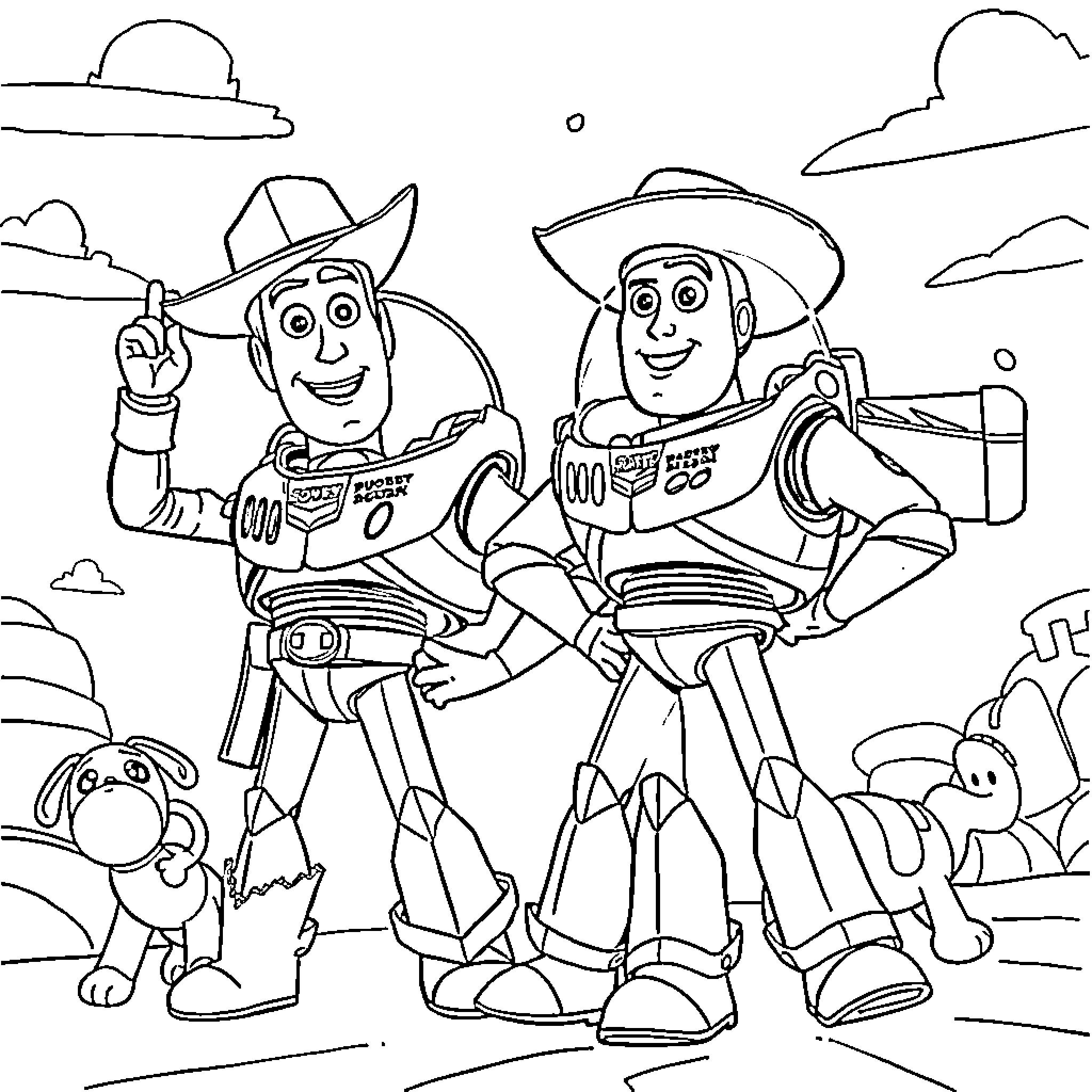 Toy Story Characters in Cowboy Outfits Coloring Page (free black-and-white line drawing printable PDF for all, from beginners to advanced learners, including children, teens, adults, and seniors)