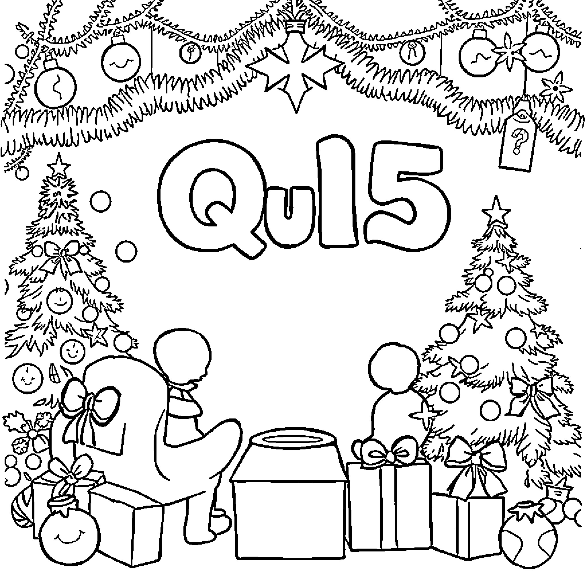 Christmas scene with toys, tree, and text 'Qu15' Coloring Page (free black-and-white line drawing printable PDF for all, from beginners to advanced learners, including children, teens, adults, and seniors)