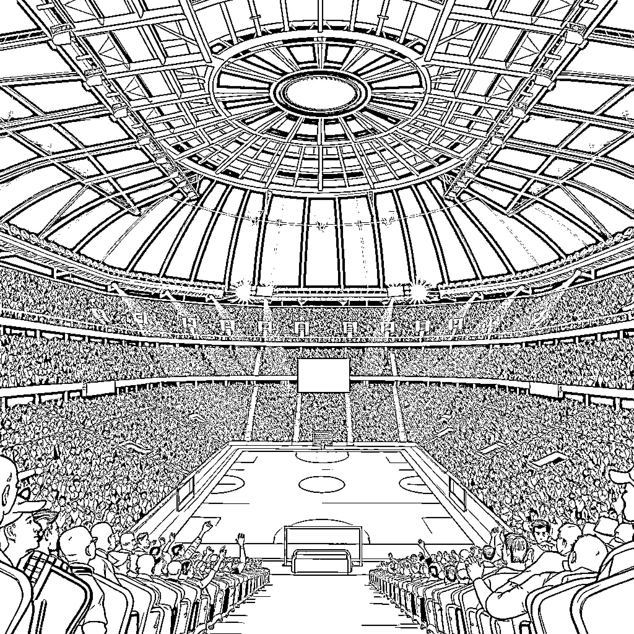 Stadium hosting grand sporting event with enthusiastic crowd Coloring Page (free black-and-white line drawing printable PDF for all, from beginners to advanced learners, including children, teens, adults, and seniors)