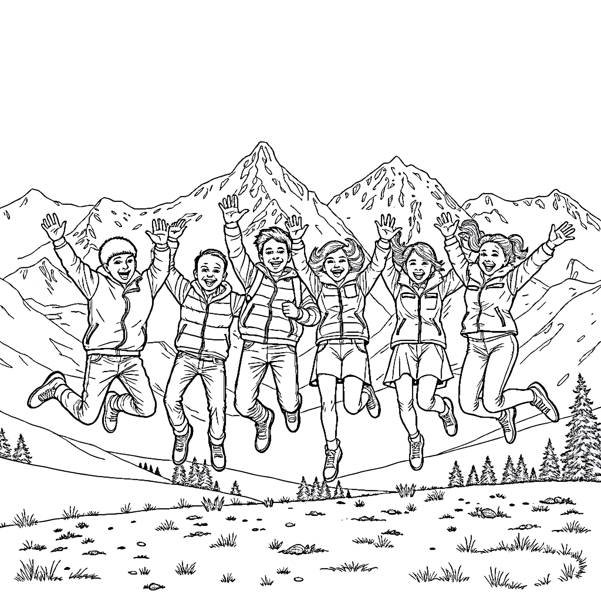 Boy friends jumping joyfully in mountain scene Coloring Page (free black-and-white line drawing printable PDF for all, from beginners to advanced learners, including children, teens, adults, and seniors)