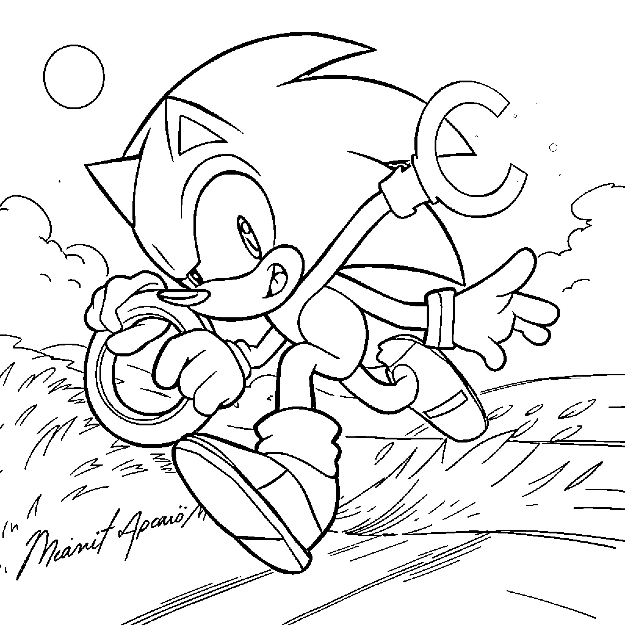 Sonic sprinting happily in the outdoors Coloring Page (free black-and-white line drawing printable PDF for all, from beginners to advanced learners, including children, teens, adults, and seniors)