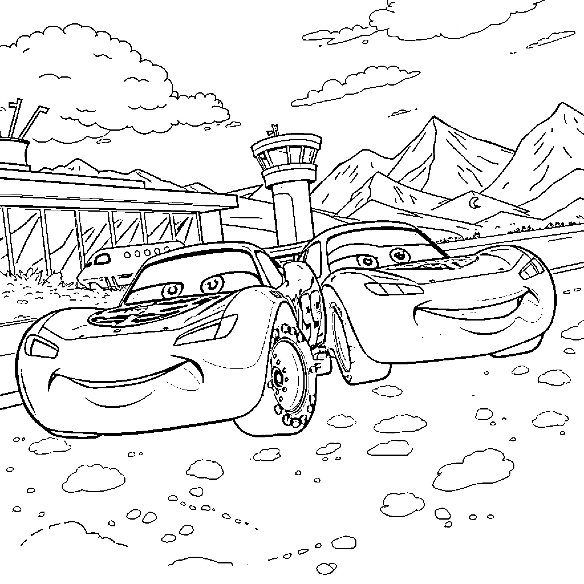 Lightning McQueen at the airport runway Coloring Page (free black-and-white line drawing printable PDF for all, from beginners to advanced learners, including children, teens, adults, and seniors)