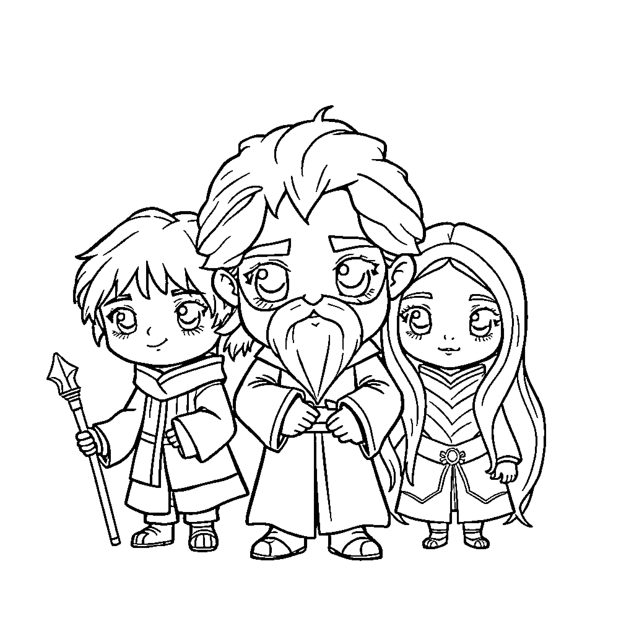 Chibi fantasy characters in adventurous poses Coloring Page (free black-and-white line drawing printable PDF for all, from beginners to advanced learners, including children, teens, adults, and seniors)