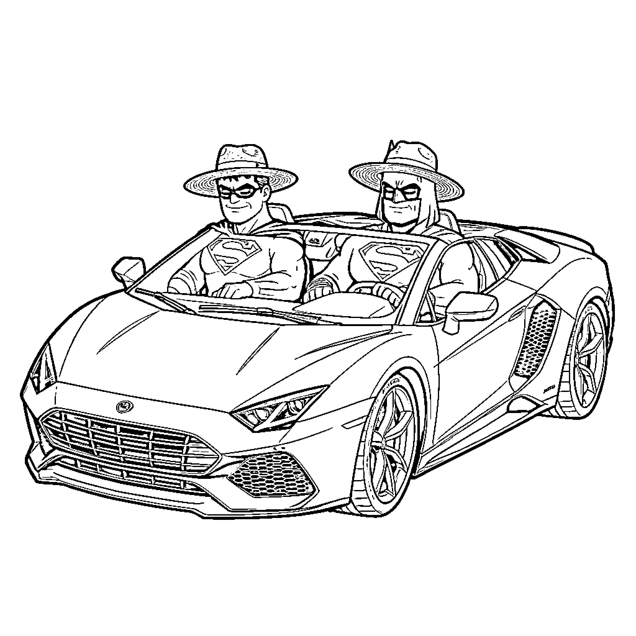 Superman and a companion driving a convertible car Coloring Page (free black-and-white line drawing printable PDF for all, from beginners to advanced learners, including children, teens, adults, and seniors)