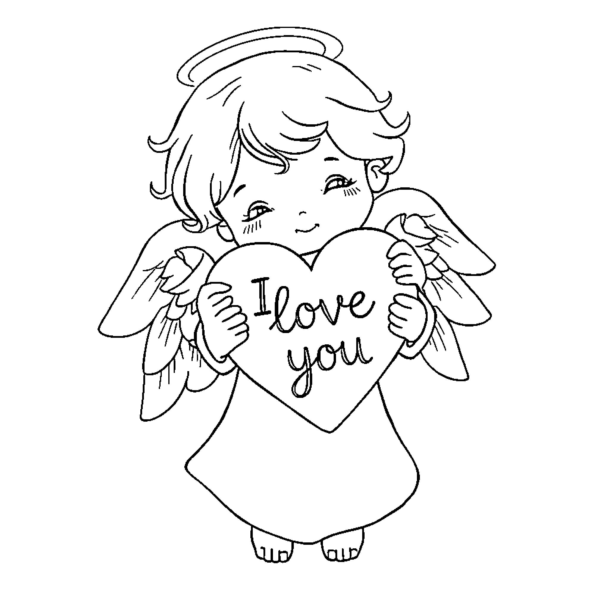 Angel expressing love with heart-shaped sign Coloring Page (free black-and-white line drawing printable PDF for all, from beginners to advanced learners, including children, teens, adults, and seniors)