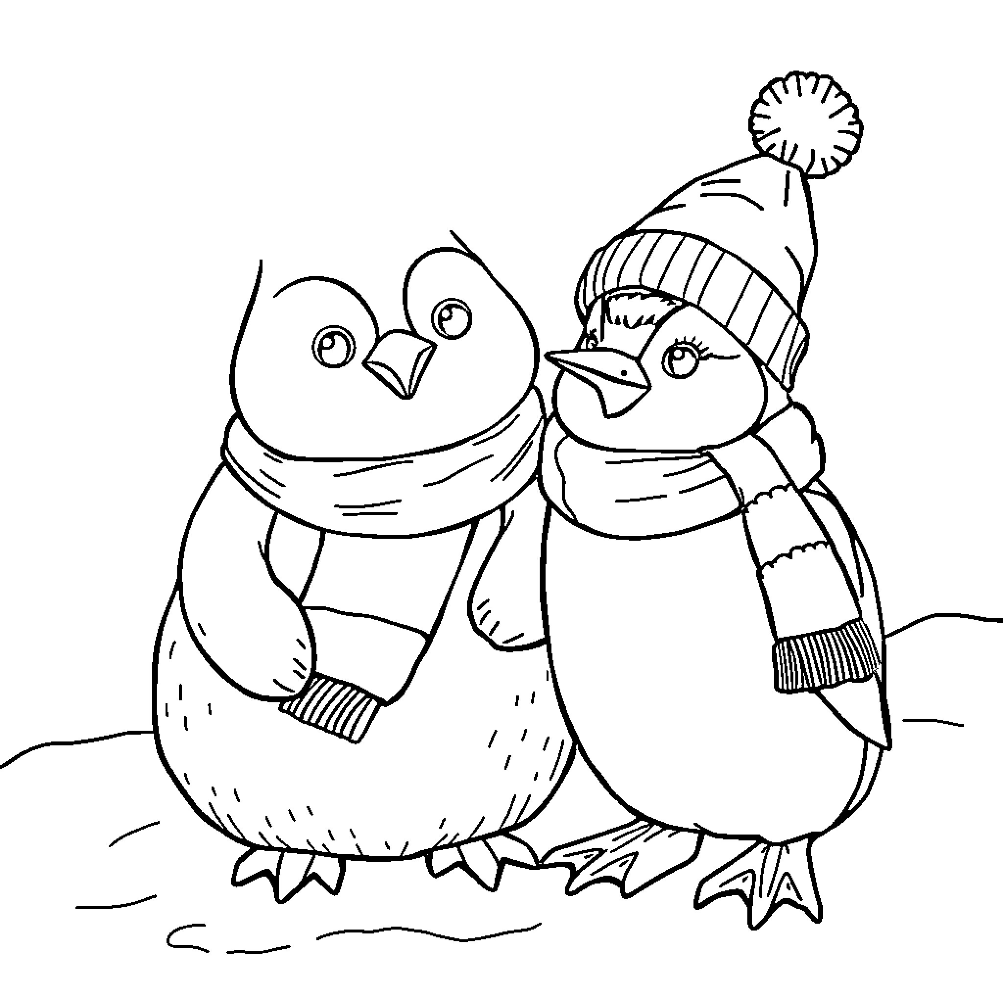 Penguins wearing winter outfits enjoying the snow Coloring Page (free black-and-white line drawing printable PDF for all, from beginners to advanced learners, including children, teens, adults, and seniors)
