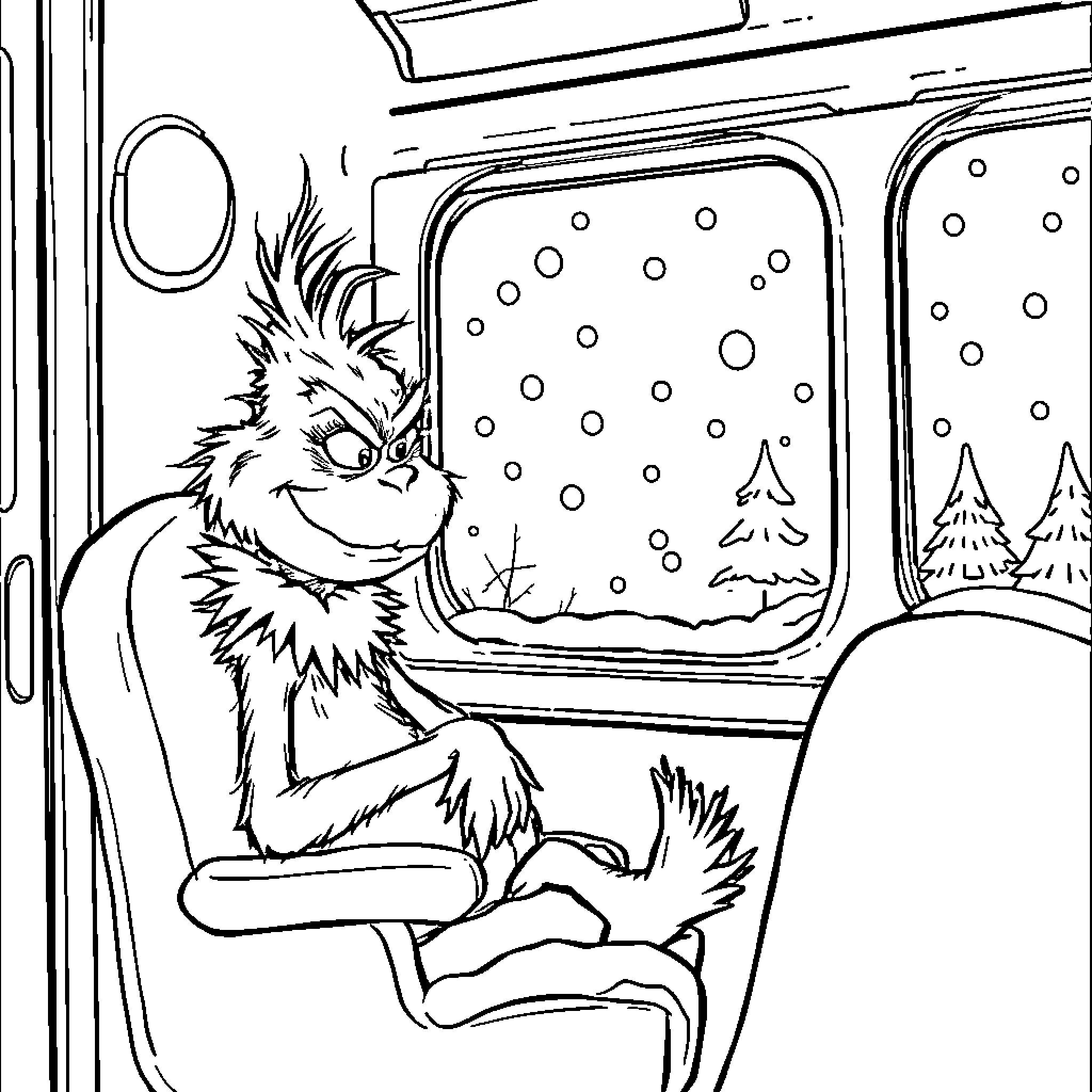 Grinch riding a train through a snowy landscape Coloring Page (free black-and-white line drawing printable PDF for all, from beginners to advanced learners, including children, teens, adults, and seniors)