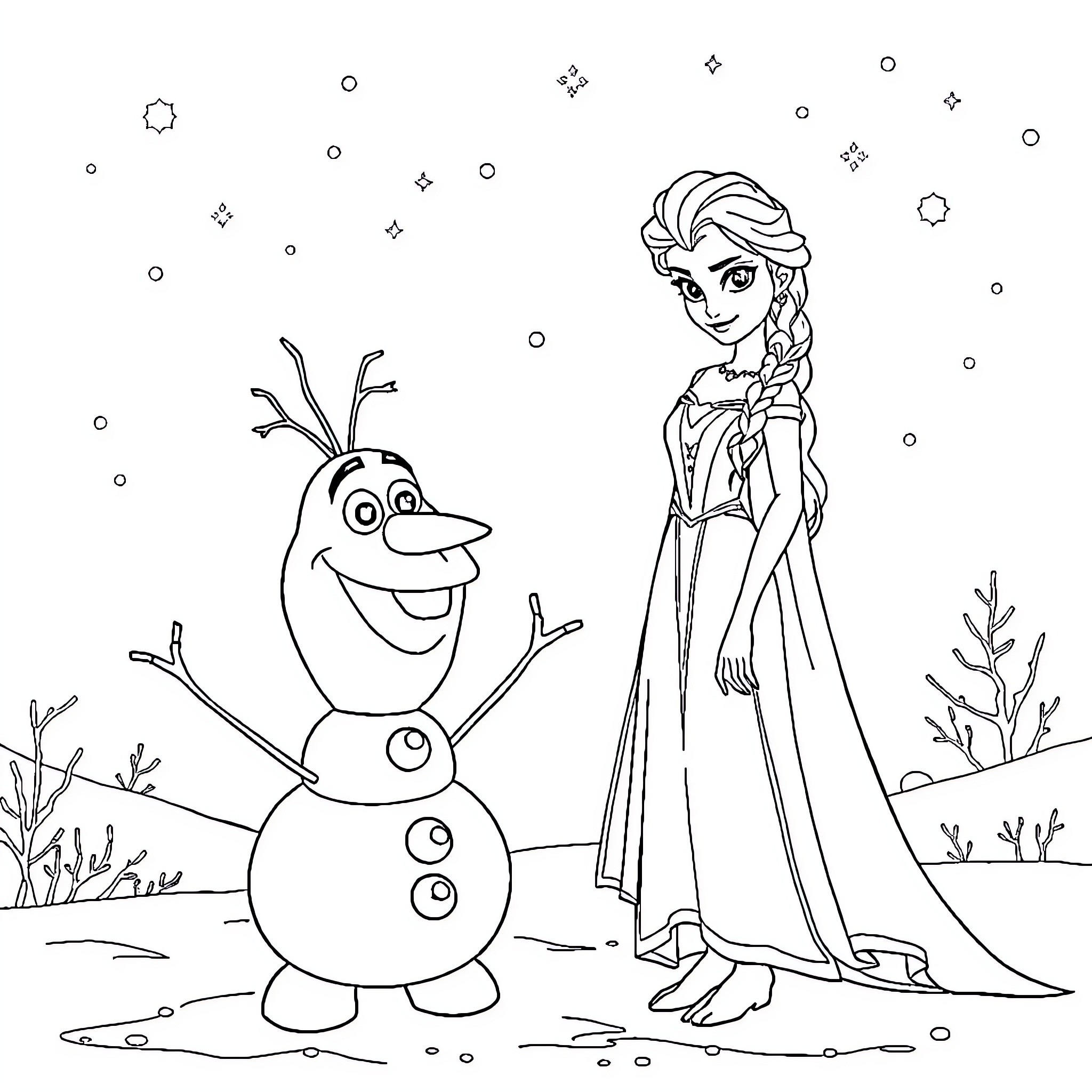 Olaf and the snowy princess Coloring Page (free black-and-white line drawing printable PDF for all, from beginners to advanced learners, including children, teens, adults, and seniors)