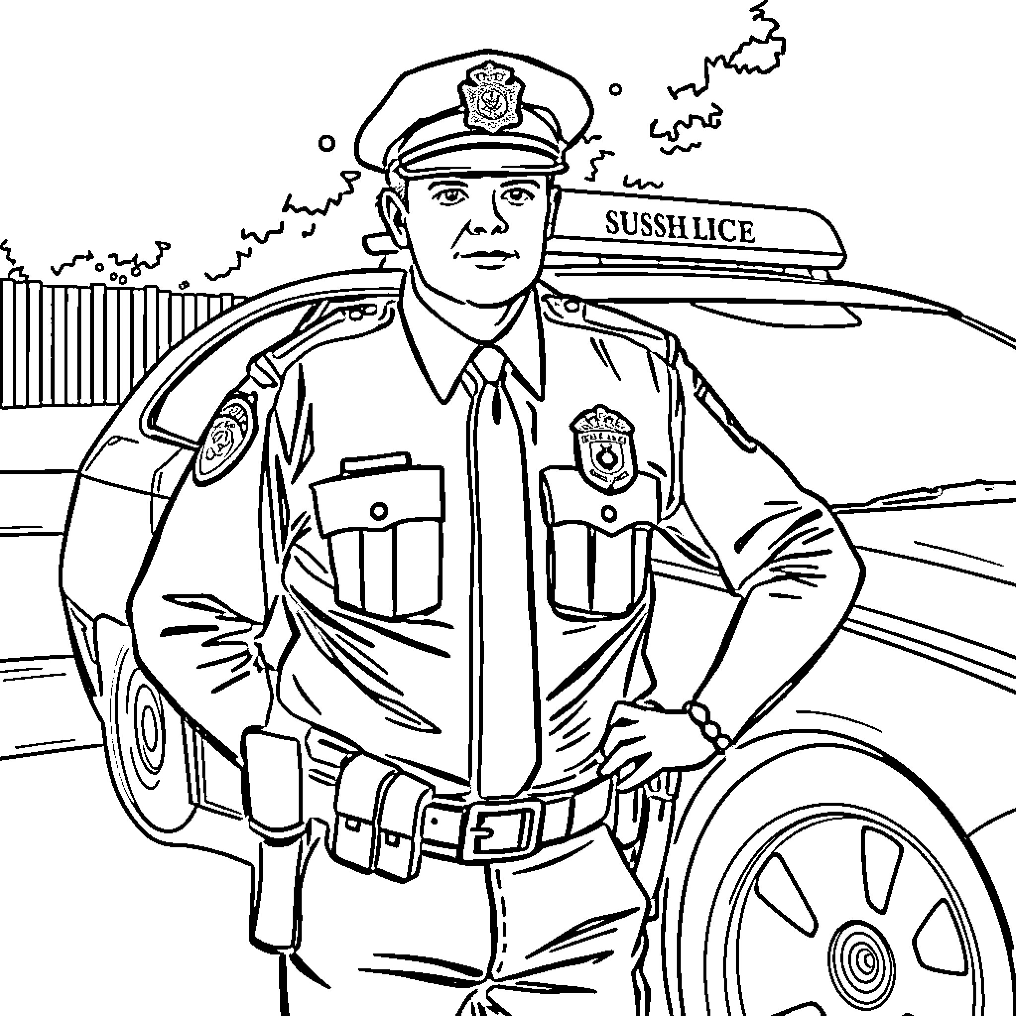 Police Officer Posing with Patrol Car Coloring Page (free black-and-white line drawing printable PDF for all, from beginners to advanced learners, including children, teens, adults, and seniors)