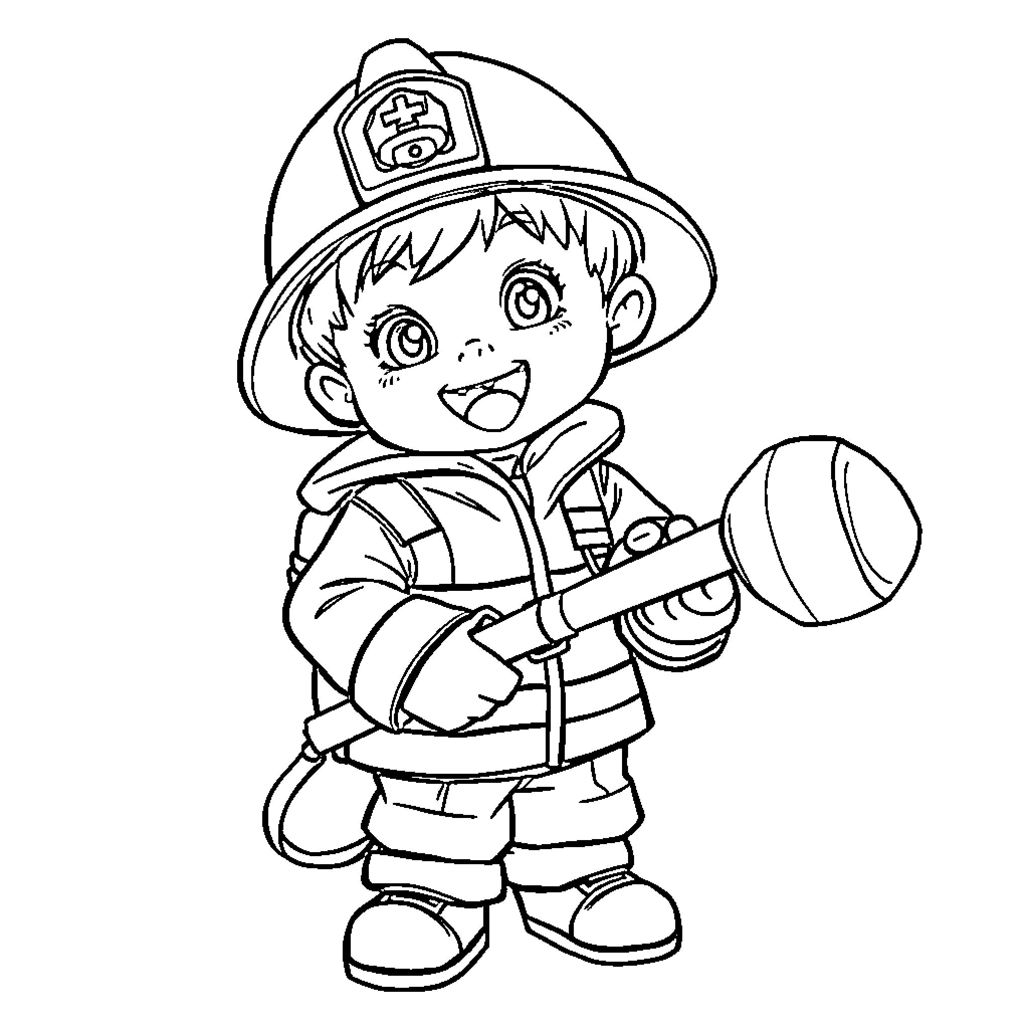 Boy firefighter in uniform with fire hose Coloring Page (free black-and-white line drawing printable PDF for all, from beginners to advanced learners, including children, teens, adults, and seniors)