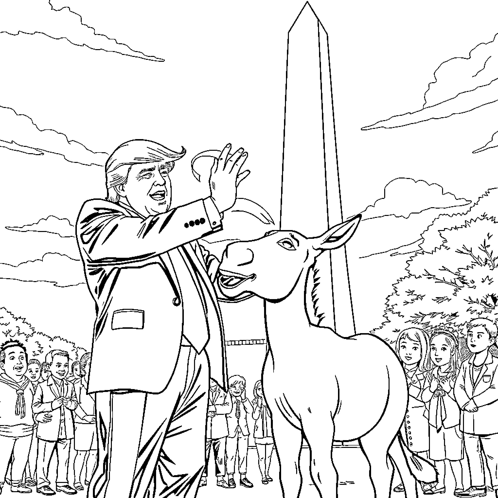 Trump Speaks With Passion to Supporters Near Iconic Monument Coloring Page (free black-and-white line drawing printable PDF for all, from beginners to advanced learners, including children, teens, adults, and seniors)