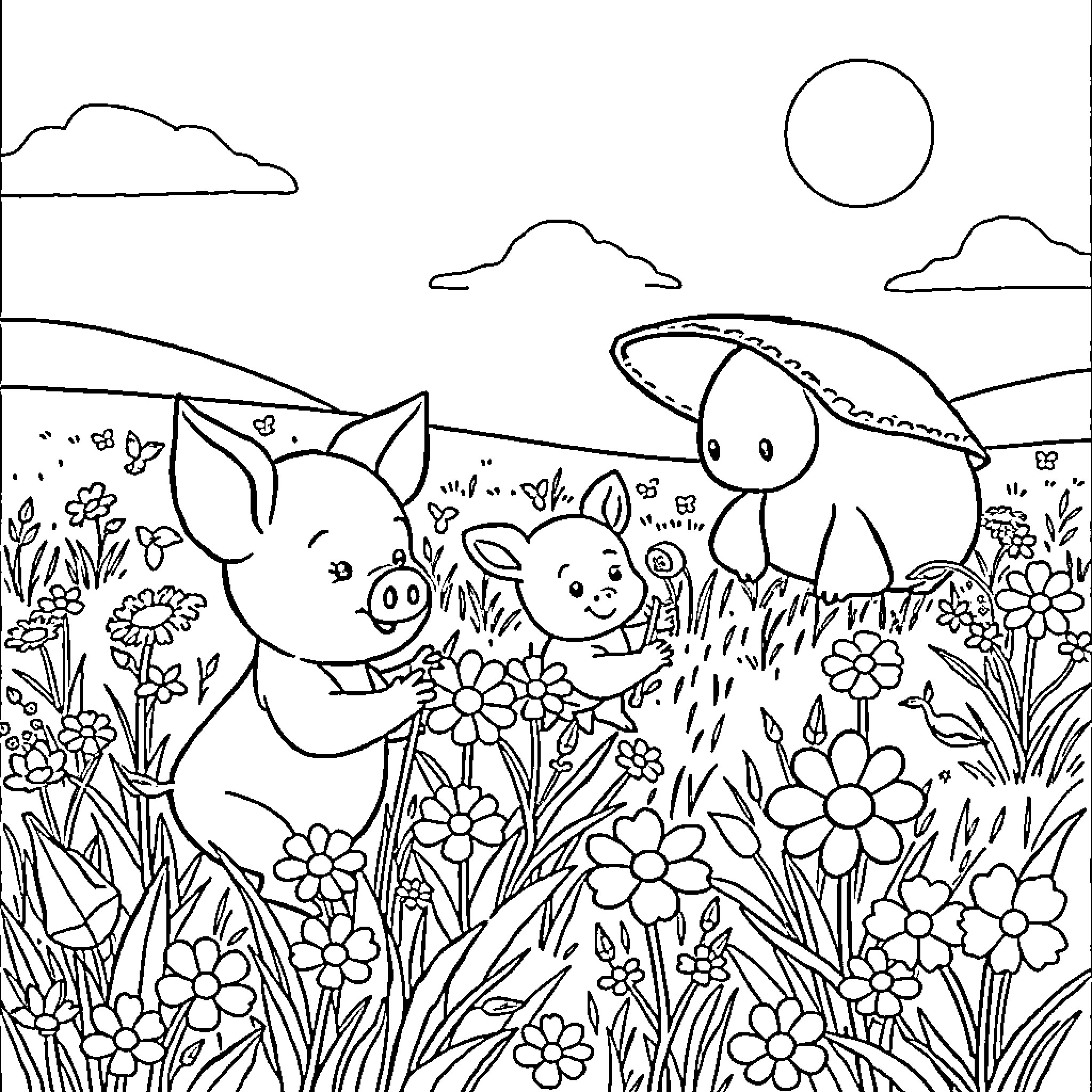 Piglet playing with friends in a flowery meadow Coloring Page (free black-and-white line drawing printable PDF for all, from beginners to advanced learners, including children, teens, adults, and seniors)