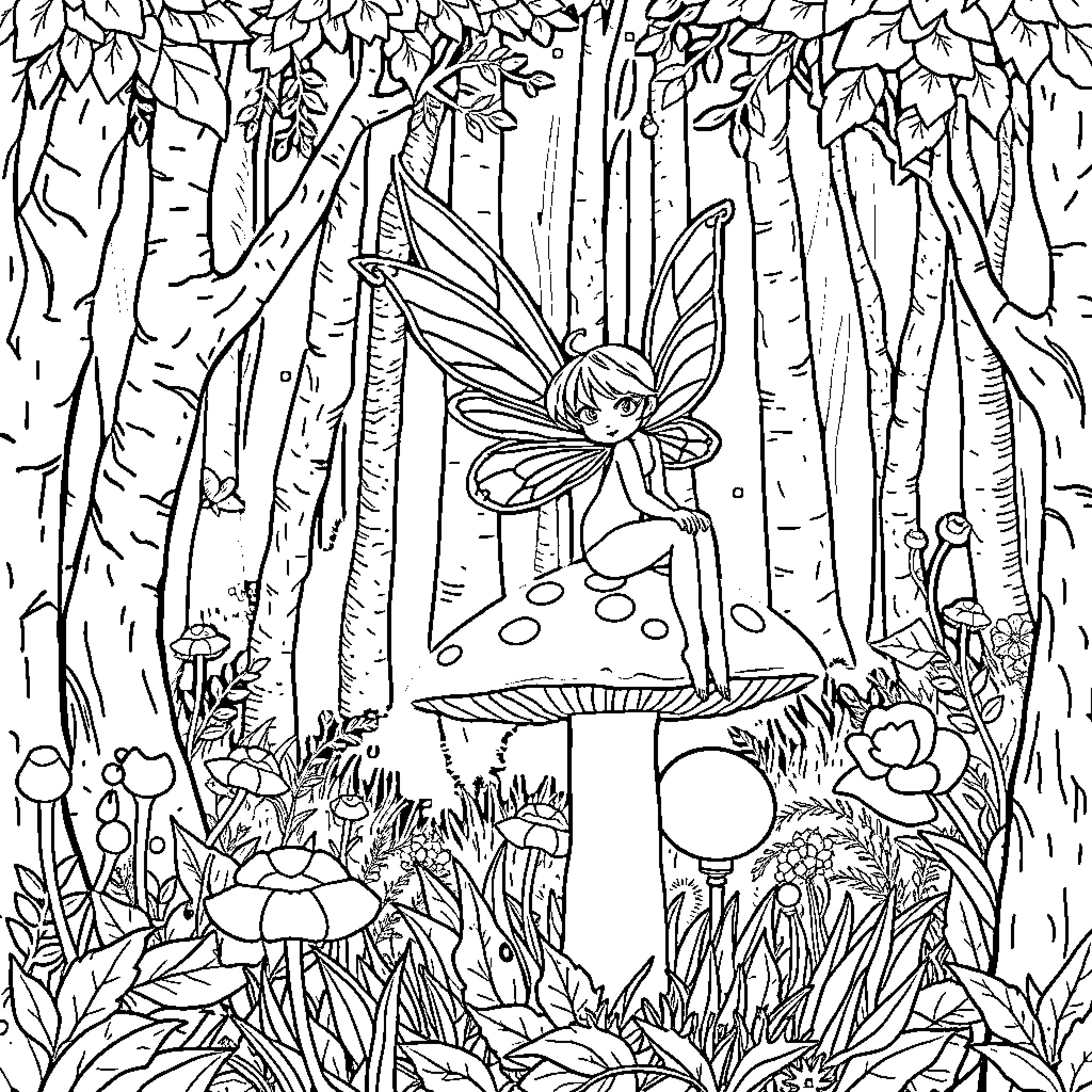 Fairy exploring magical forest scene Coloring Page (free black-and-white line drawing printable PDF for all, from beginners to advanced learners, including children, teens, adults, and seniors)