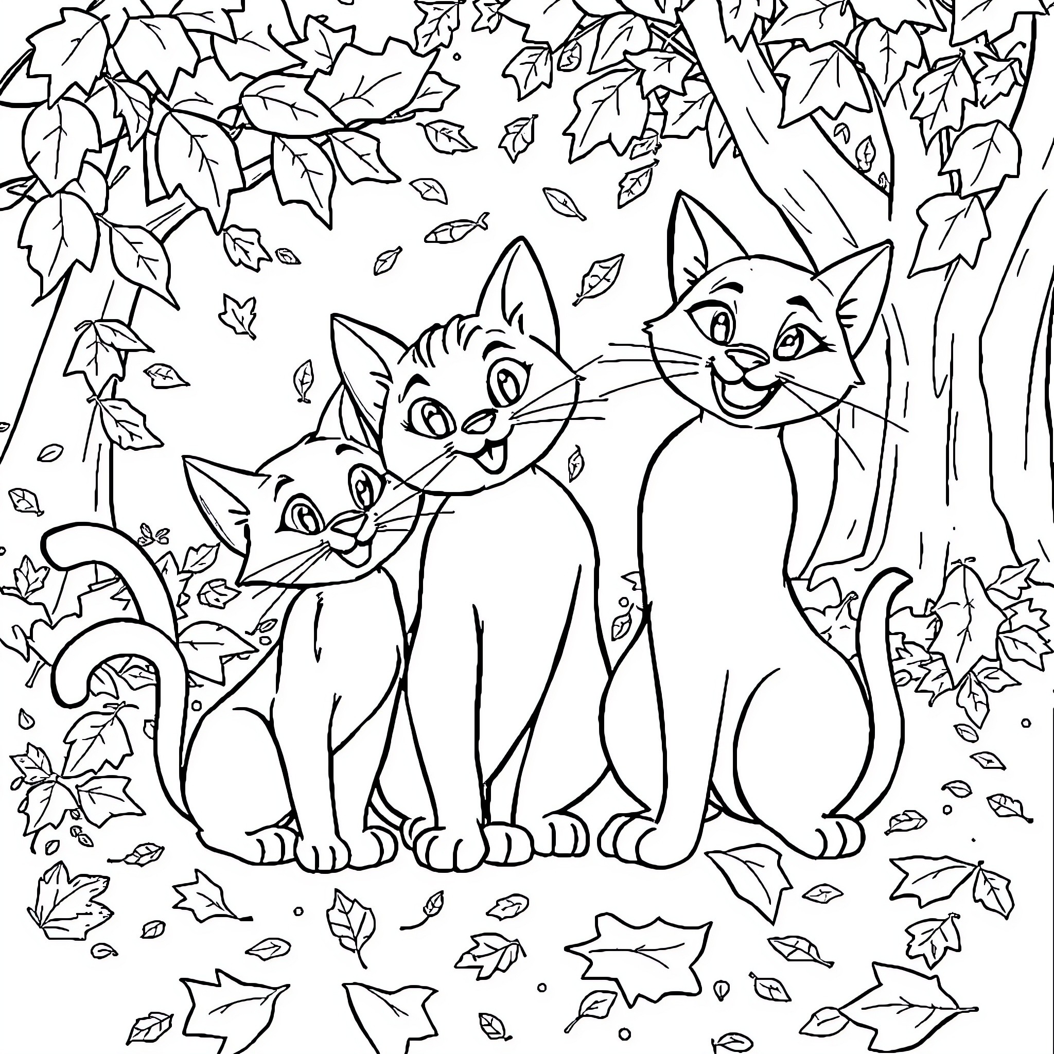 Aristocats enjoying the autumn leaves Coloring Page (free black-and-white line drawing printable PDF for all, from beginners to advanced learners, including children, teens, adults, and seniors)