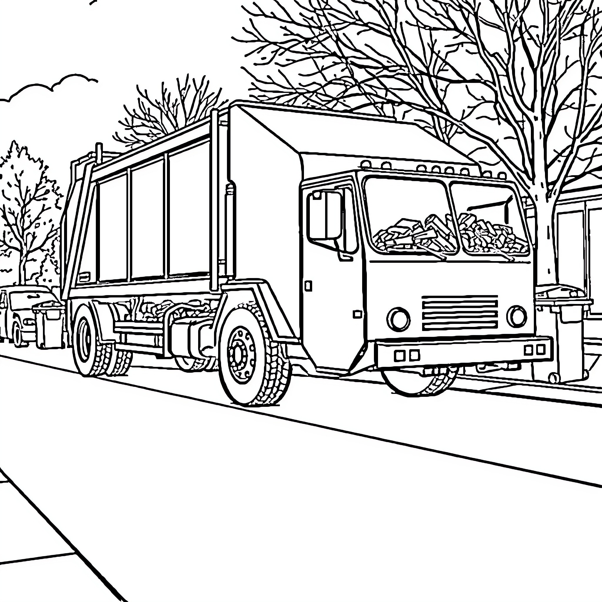 Trash Truck Collecting Waste on Snowy Street Coloring Page (free black-and-white line drawing printable PDF for all, from beginners to advanced learners, including children, teens, adults, and seniors)